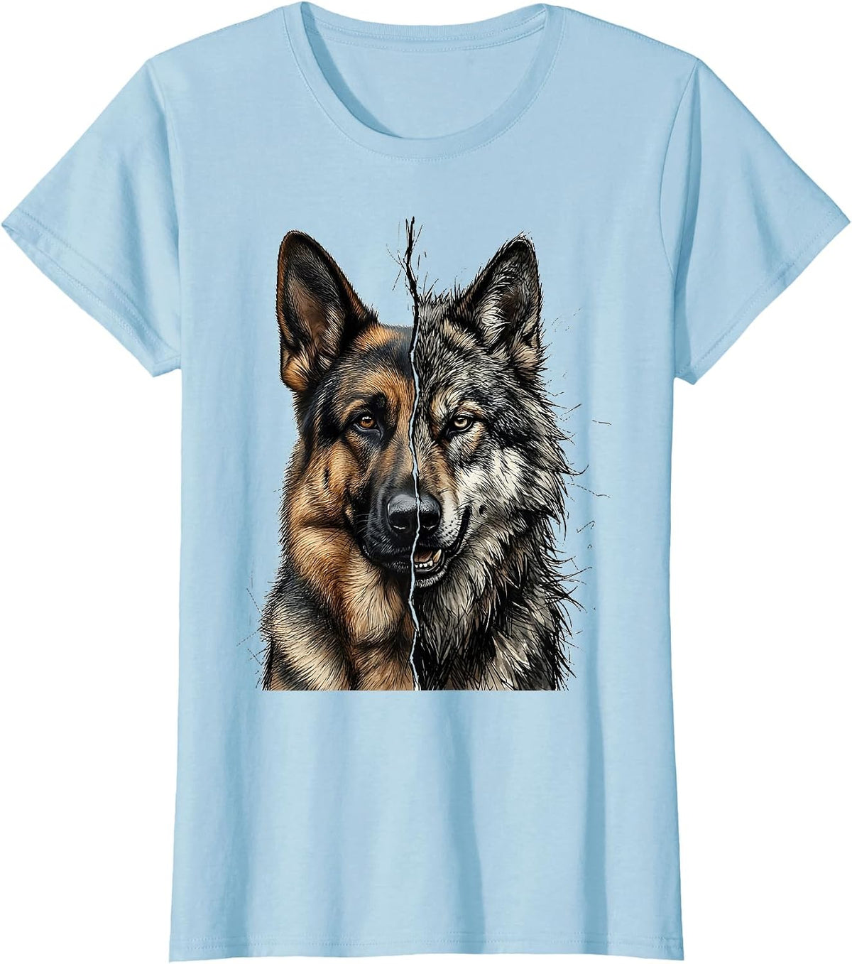 German Shepherd Wild Wolf Split Profile Graphic T-Shirt - Baby Blue