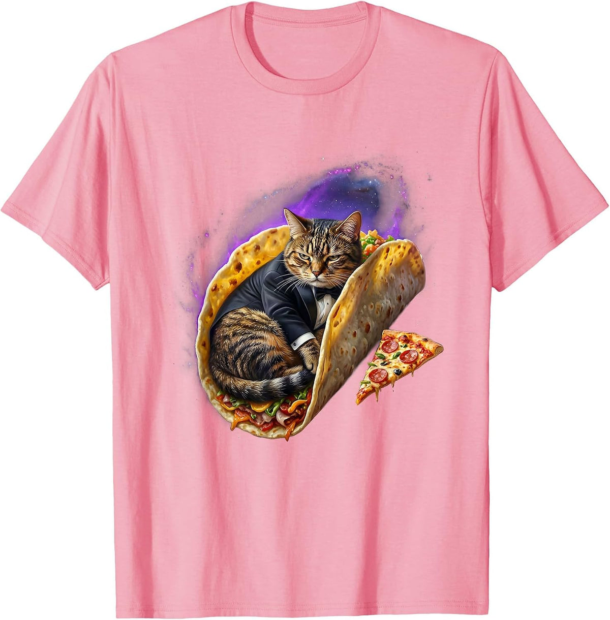 Men's Deadpan Tuxedo Cat In Space Funny Pizza Taco Meme T-Shirt - Pink