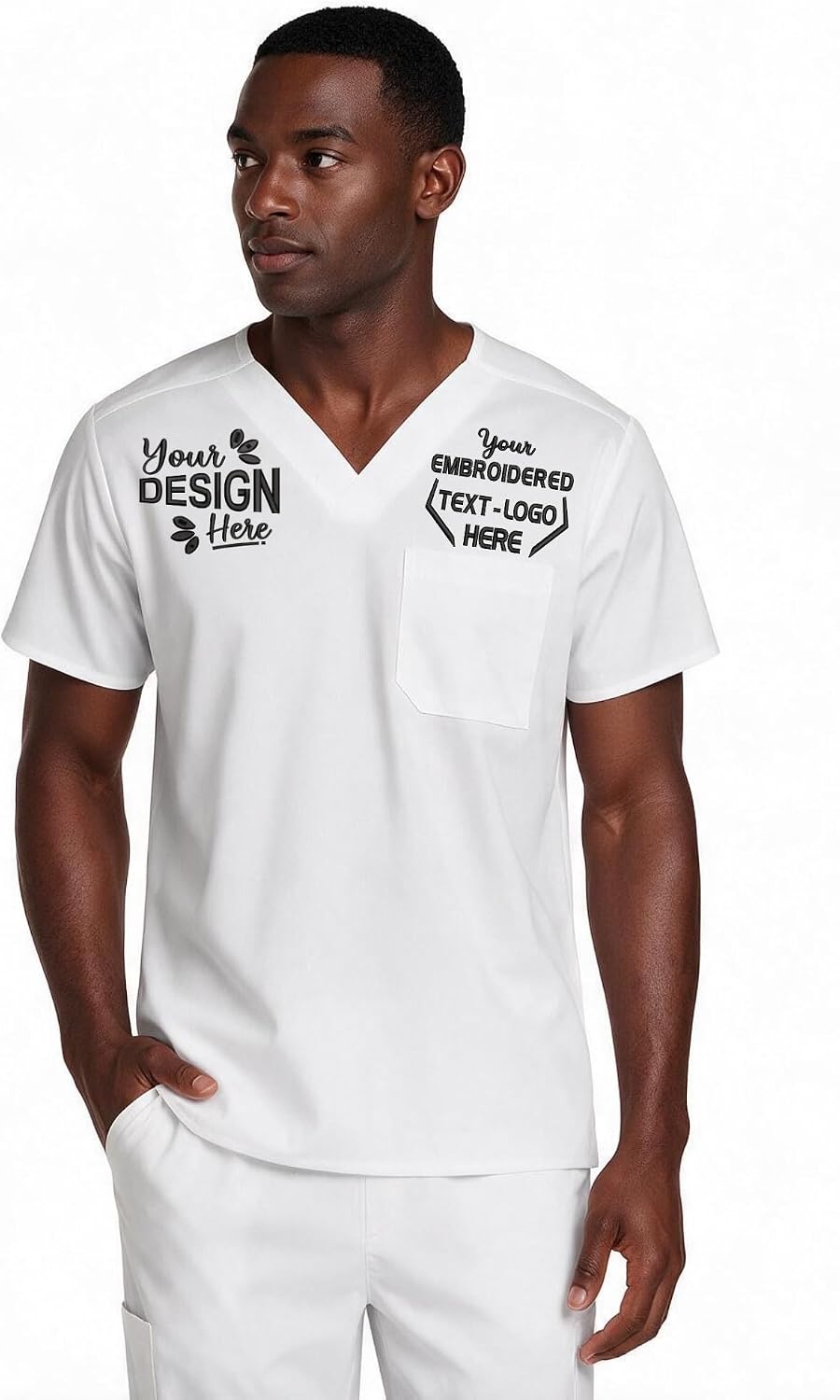 Custom Embroidered Men's V-Neck Scrub Top – Add Your Name, Logo & Design - White