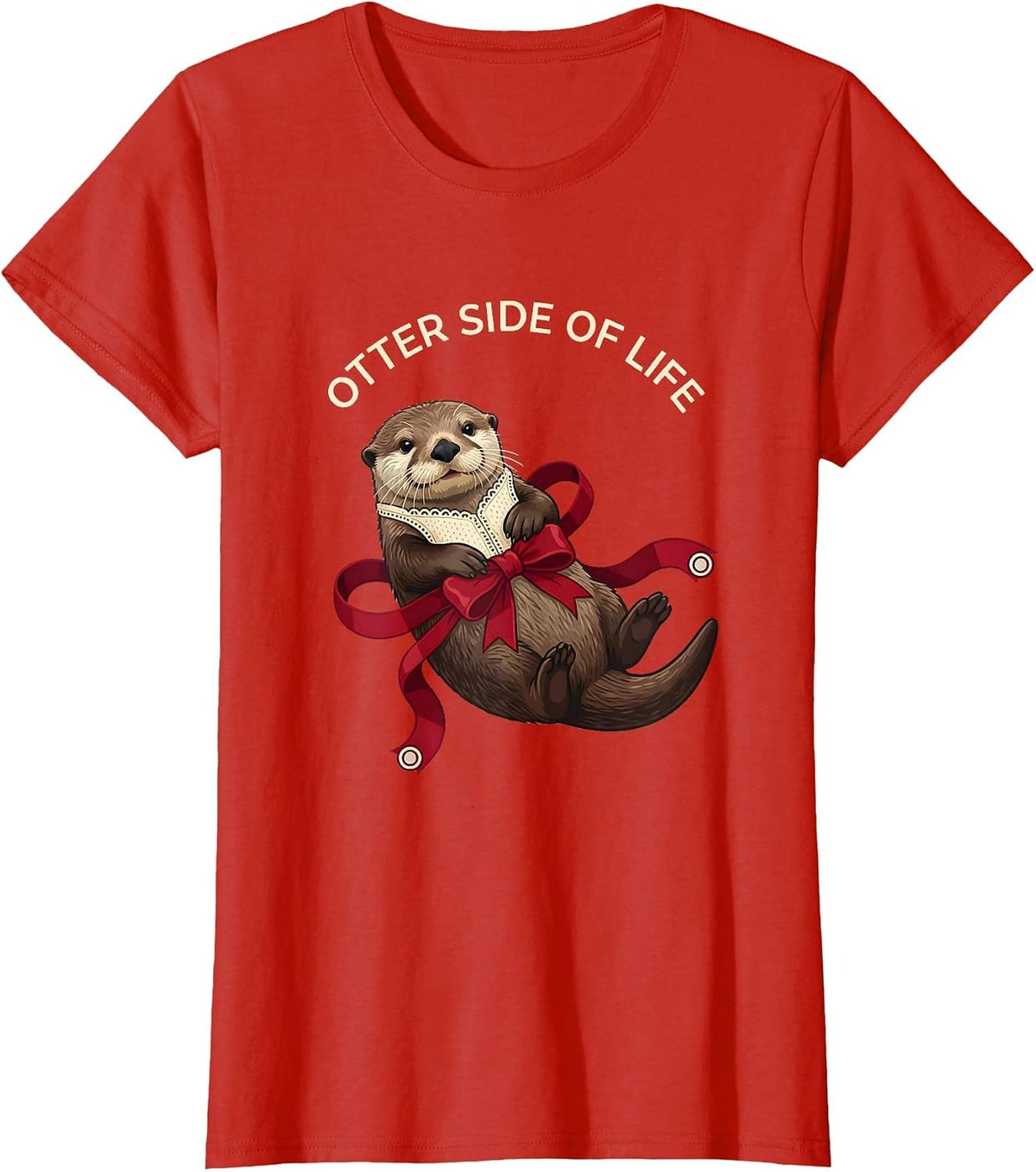 Women's Otter Side of Life Sea Otter Graphic Design T-Shirt - Red
