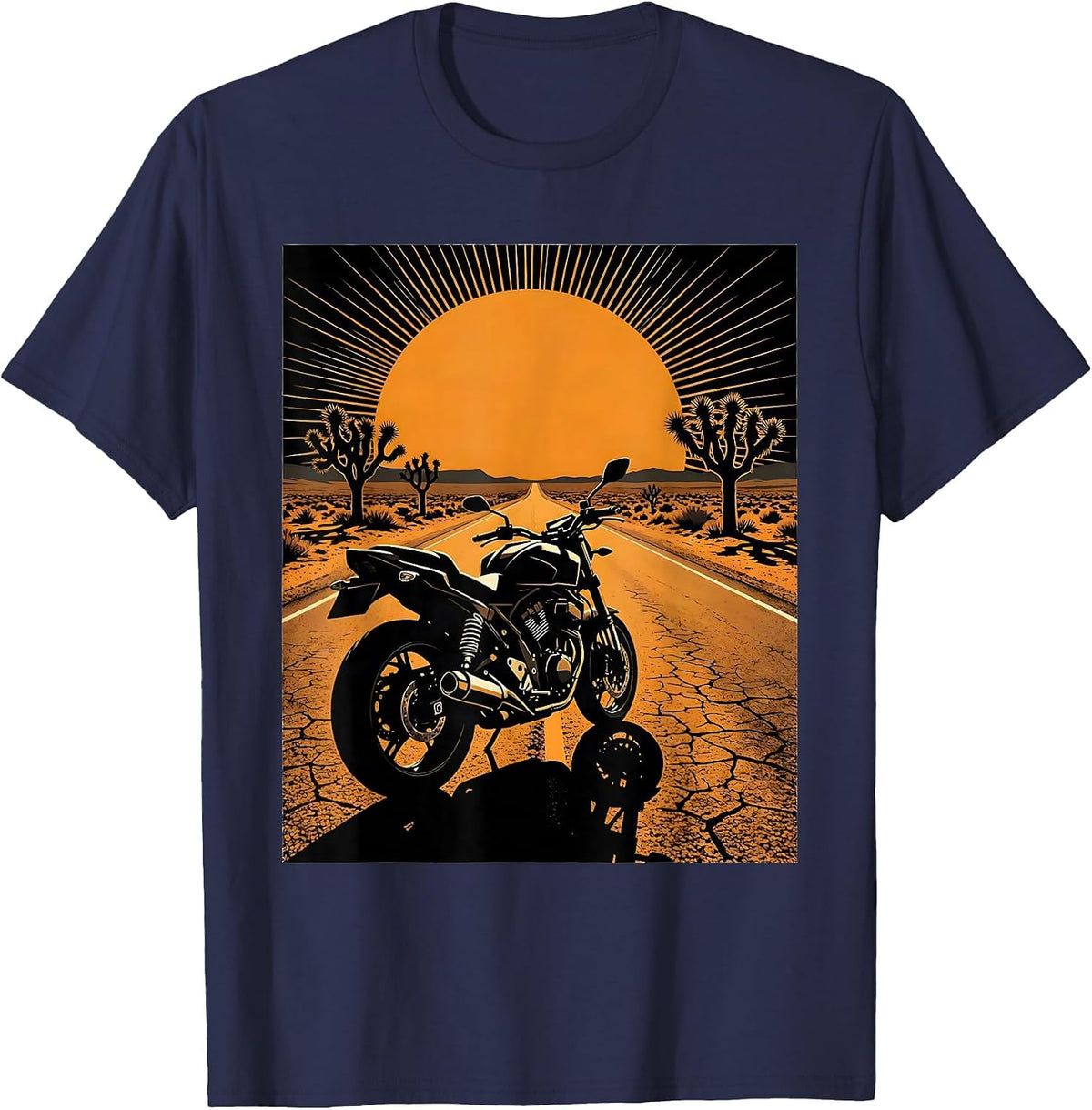 Lone Motorcycle Desert Highway Dusk Biker Graphic T-Shirt - Navy Blue