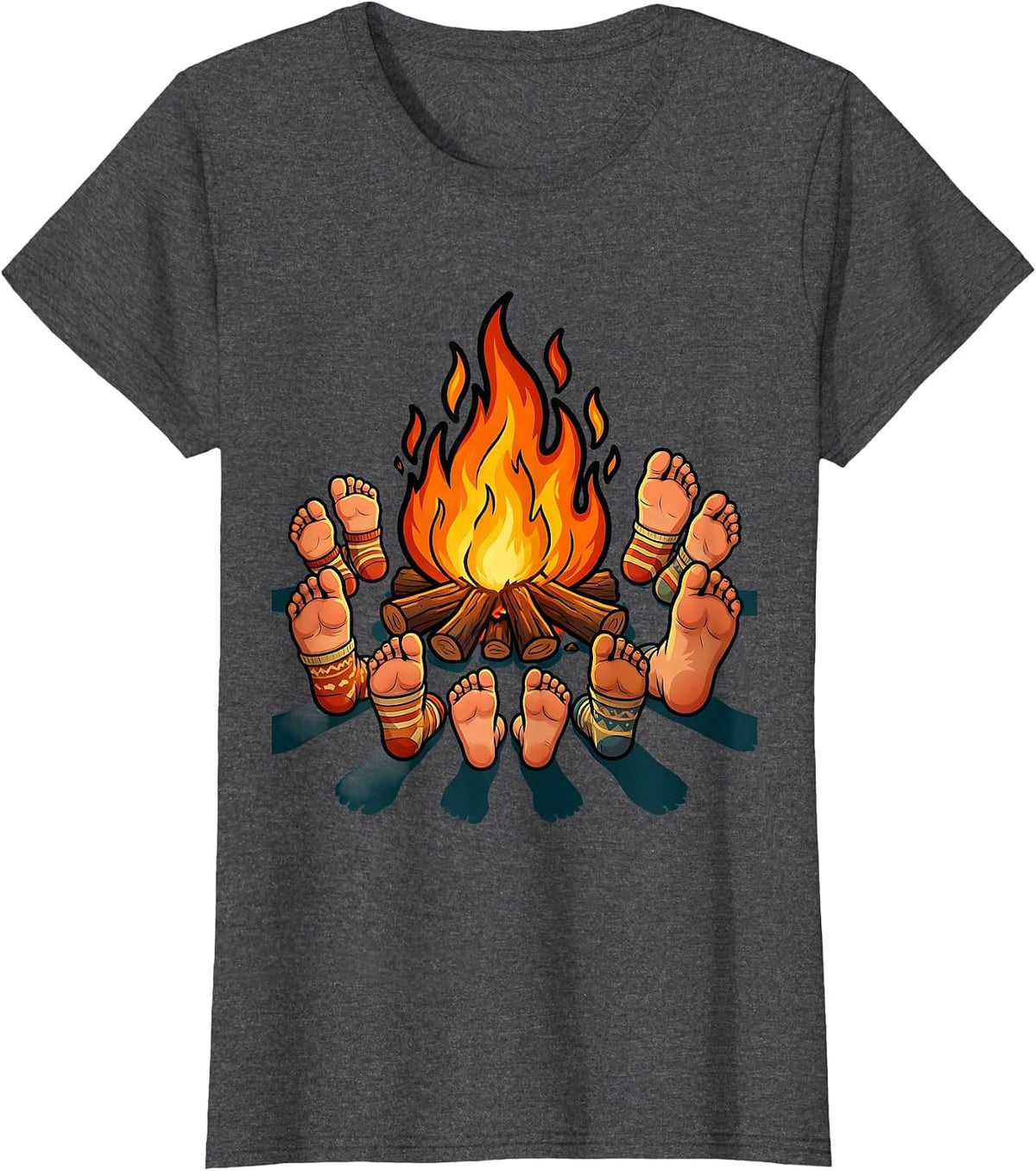 Women's Campfire Gathering Feet Around the Fire Design T-Shirt - Dark Heather Grey