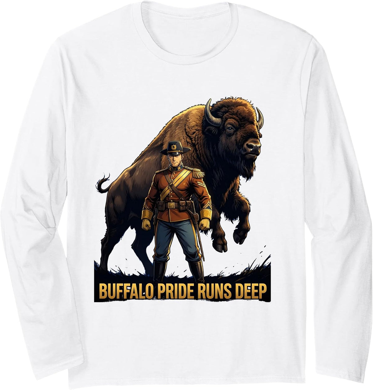 Buffalo Pride Runs Deep Buffalo Soldiers Design Long Sleeve T-Shirt - Adult Unisex White
