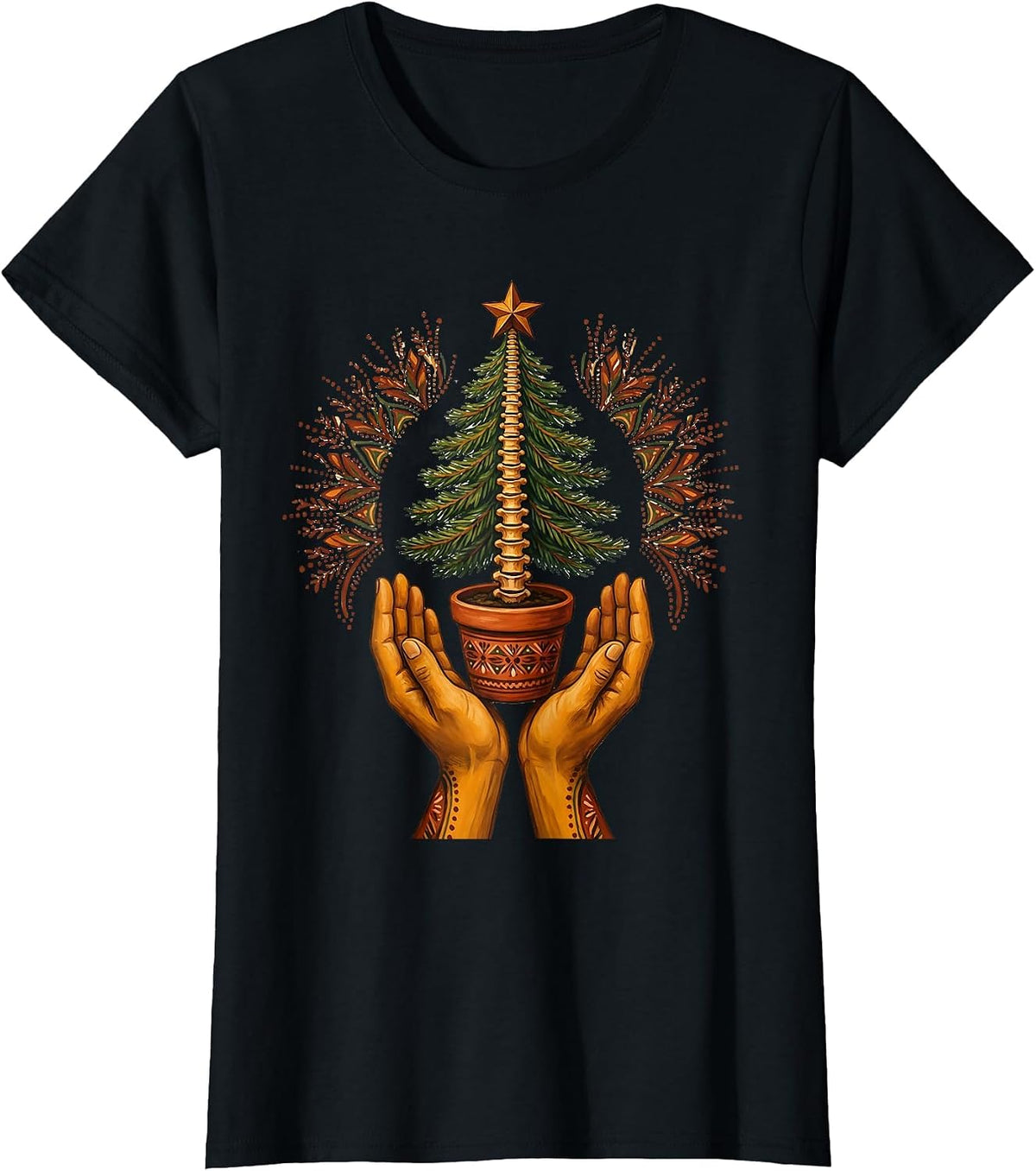 Women's Symmetrical Hands Offering Evergreen Folk Art Chiropractor T-Shirt - Black
