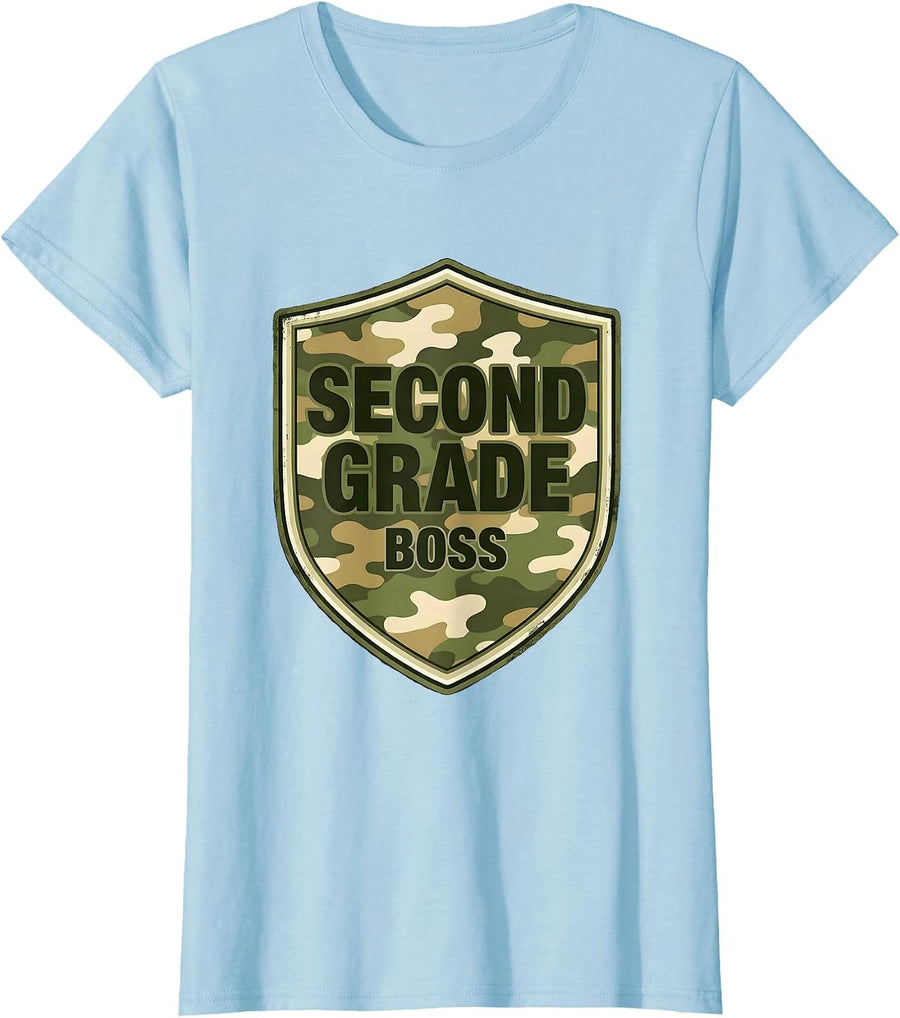 Women's Second Grade Boss Camo Back To School Boy Teacher First Day T-Shirt - Baby Blue