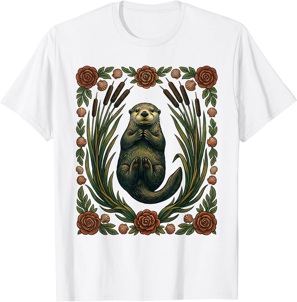 Men's Sea Otter Folk Art Floral Otter Lover Gift T-Shirt - White