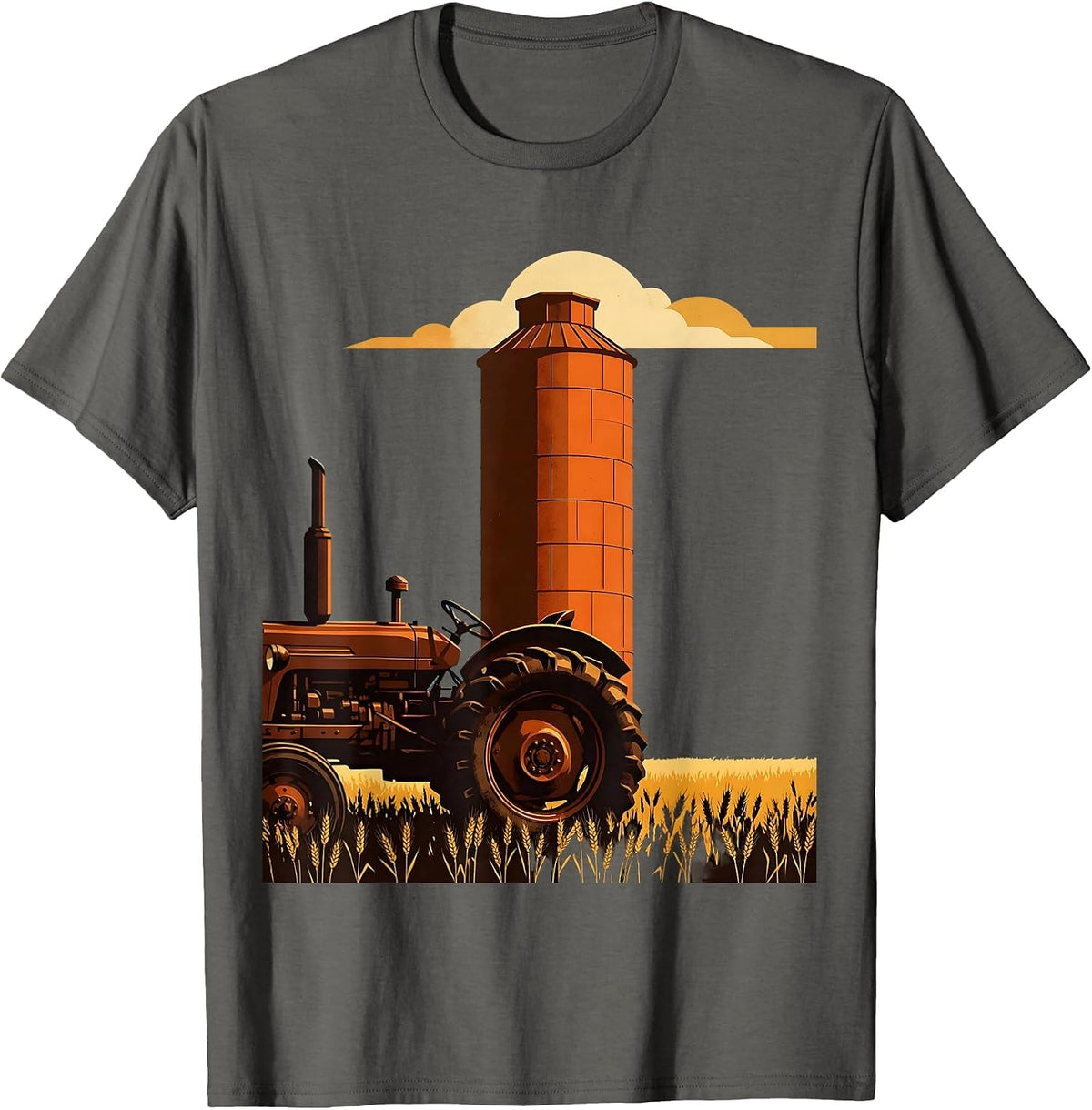 Nebraska Vintage Tractor and Grain Silo Illustration T-Shirt - Asphalt Grey