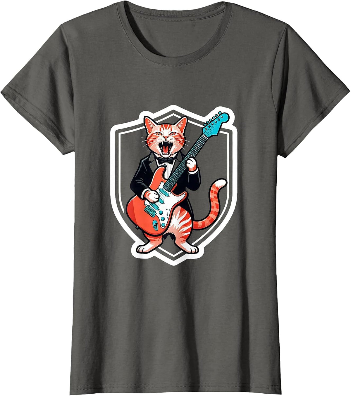 Women's Rock Guitarist Cat Sticker Style Funny Cat Lover Gift T-Shirt - Asphalt Grey