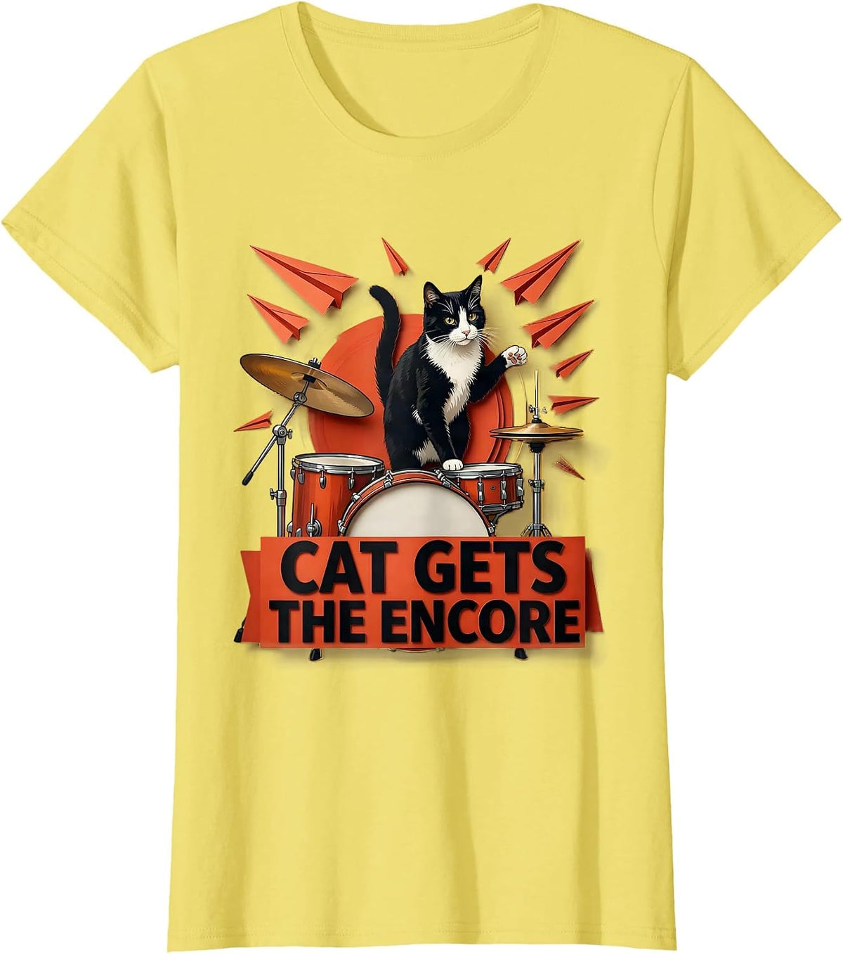 Cat Gets The Encore Funny Cat Musician Rock Band Parody Gift T-Shirt - Lemon Yellow