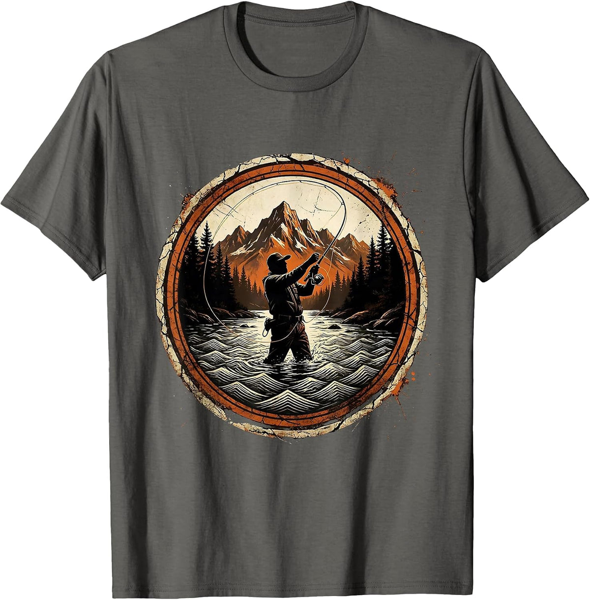 Fly Fishing Mountain River Graphic Design T-Shirt - Asphalt Grey