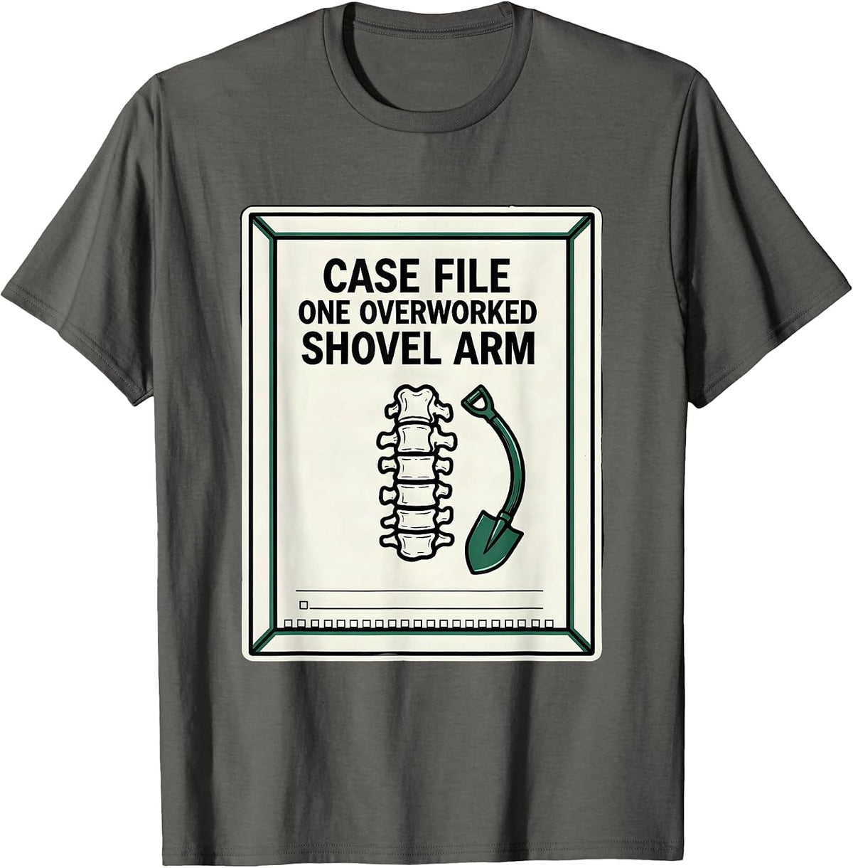 Men's Case File One Overworked Shovel Arm Funny Chiropractor T-Shirt - Asphalt Grey