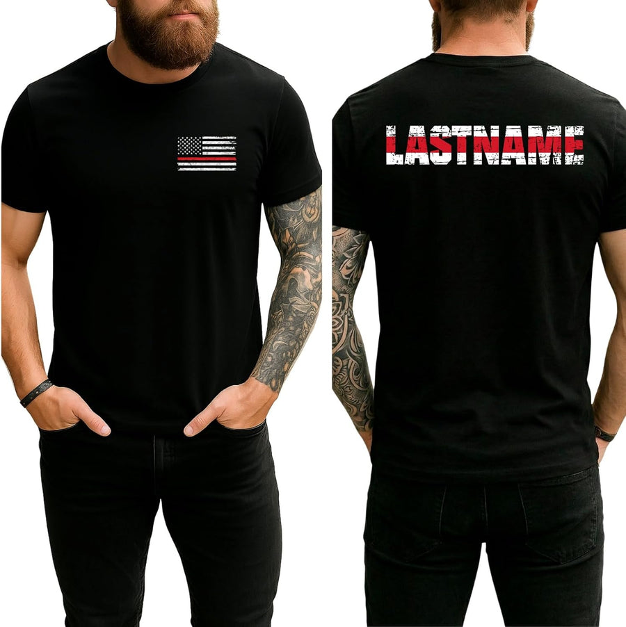Personalized Firefighter Shirt for Men & Women - Custom Thin Red Line American Flag T-Shirt with Last Name Sweatshirt - Fire