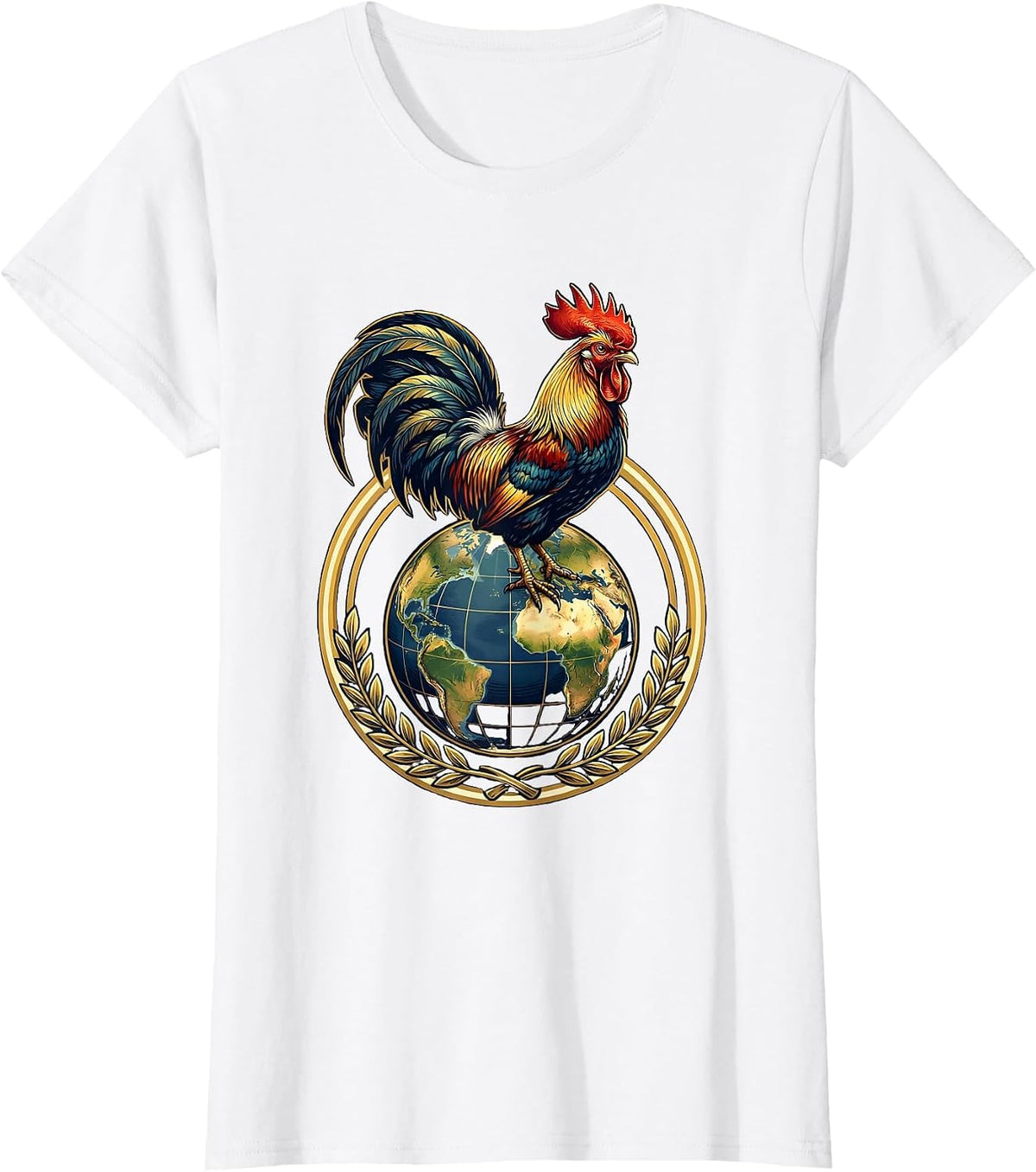 Women's Rooster Ruling the World Globe Graphic T-Shirt - White