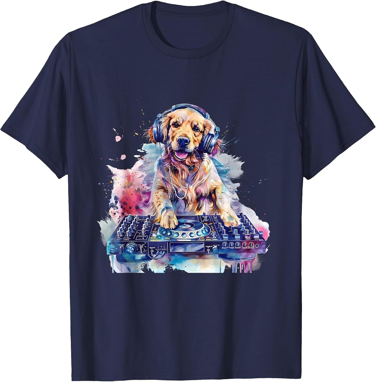 Dog Music DJ EDM Techno Turntable DJ Dog Artwork Beatmaker T-Shirt - Navy Blue