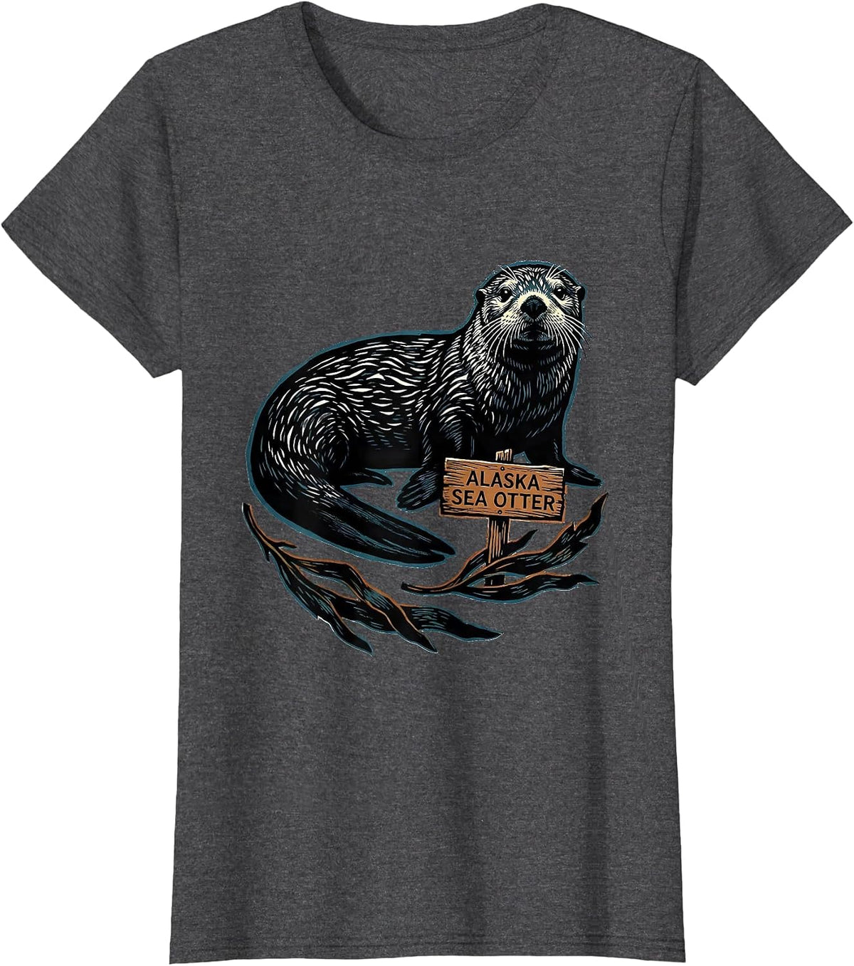 Women's Alaska Sea Otter Linocut Vintage State Pride Wildlife T-Shirt - Dark Heather Grey