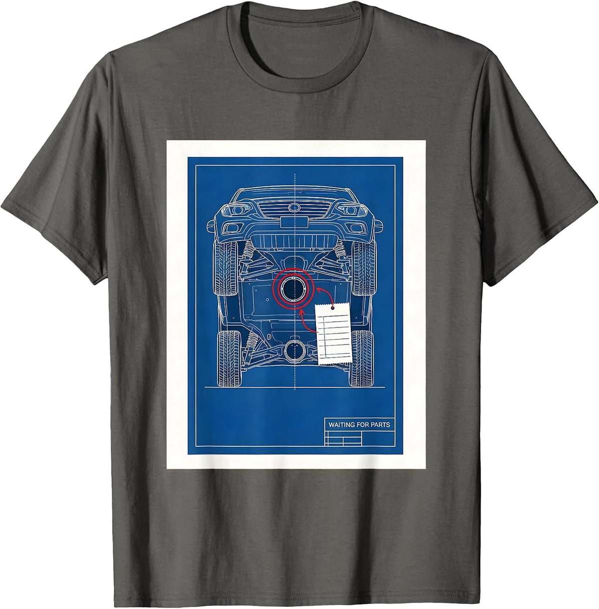 Men's Waiting For Parts Technical Blueprint Mechanic Skeleton Auto T-Shirt - Asphalt Grey