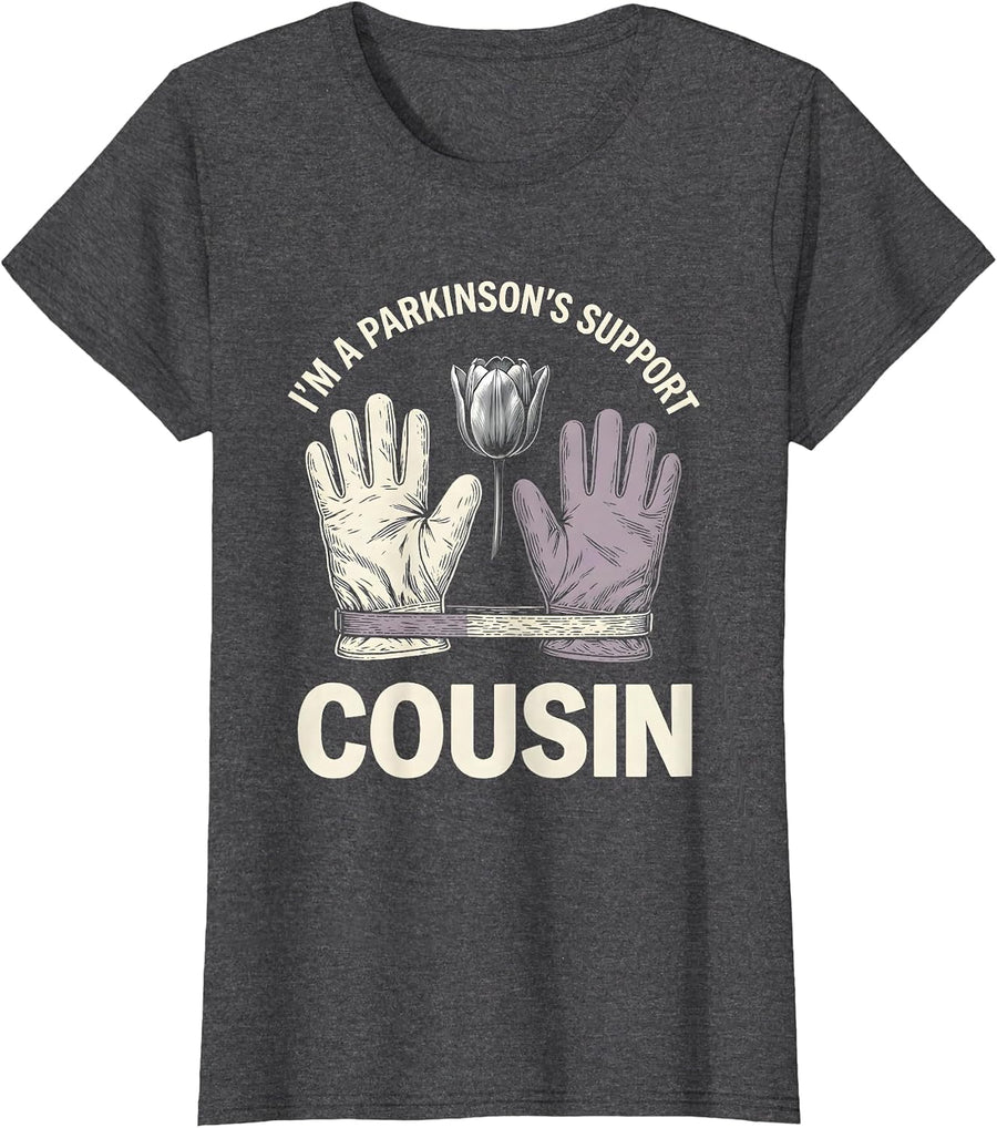 Women's I'm a Parkinson's Support Cousin Linocut Awareness Gift T-Shirt - Dark Heather Grey