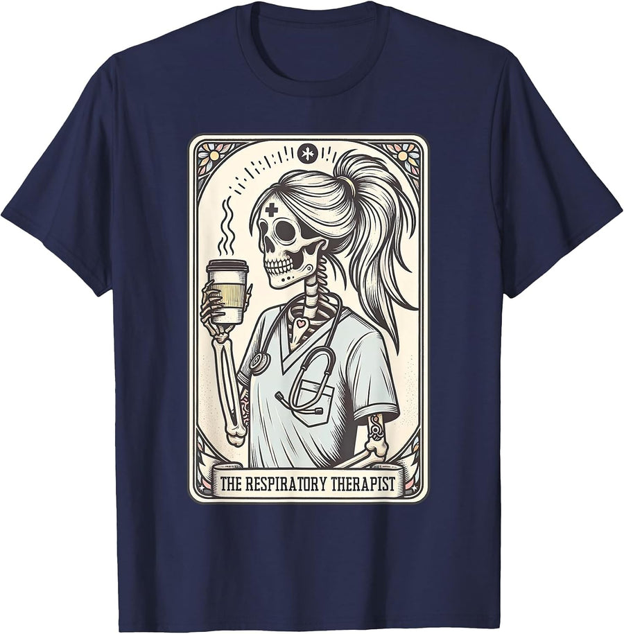 The Respiratory Therapist Tarot Card Lung RT Skeleton Coffee T-Shirt - Navy Blue
