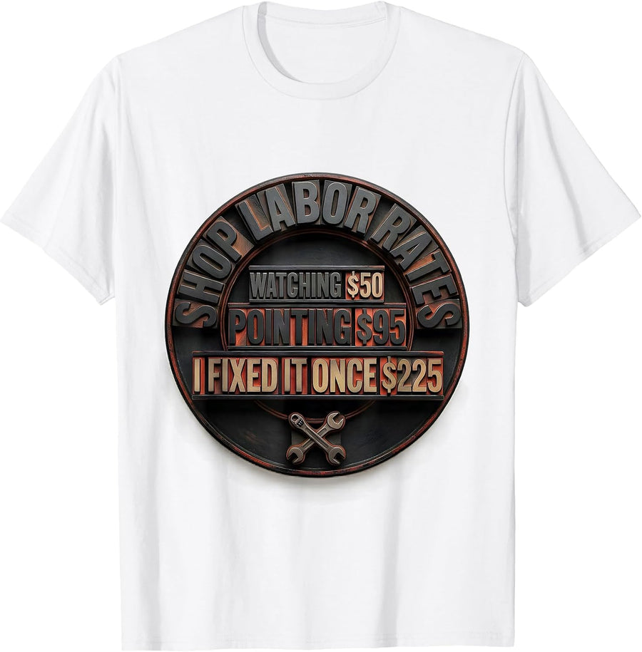 Men's Shop Labor Rates Funny Mechanic Auto Repair Humor T-Shirt - White