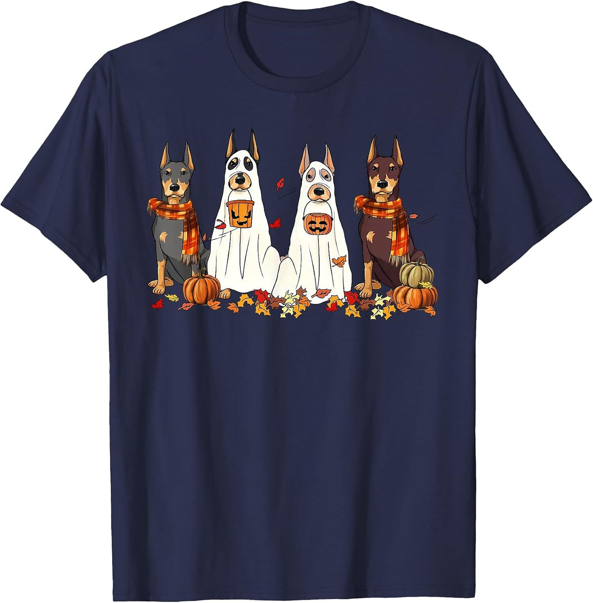 Funny Doberman Dog Ghost Fall Autumn Leaves Thanksgiving T-Shirt - Navy Blue