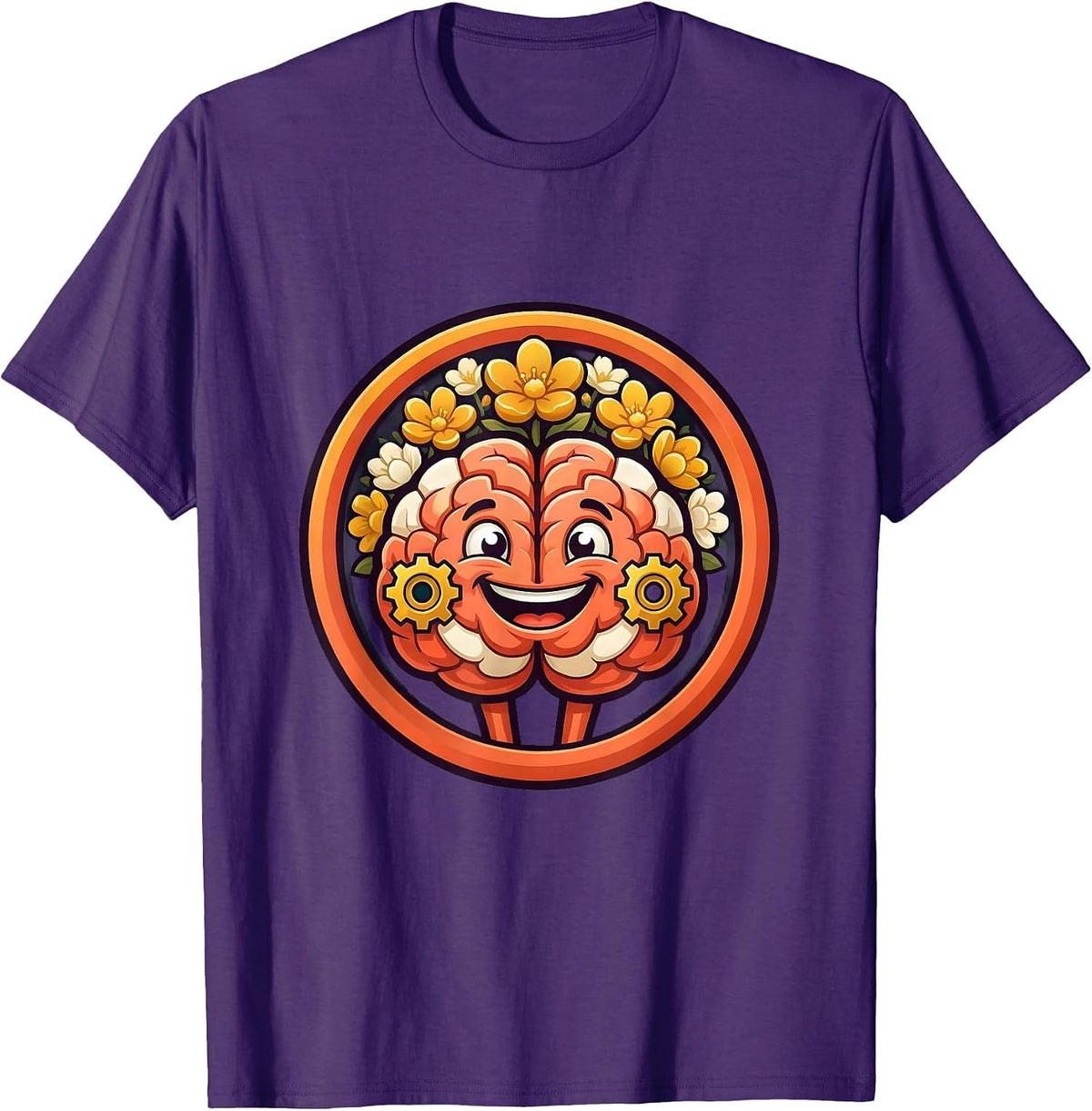 Men's School Counselor Brain Gears and Flowers Graphic T-Shirt - Purple
