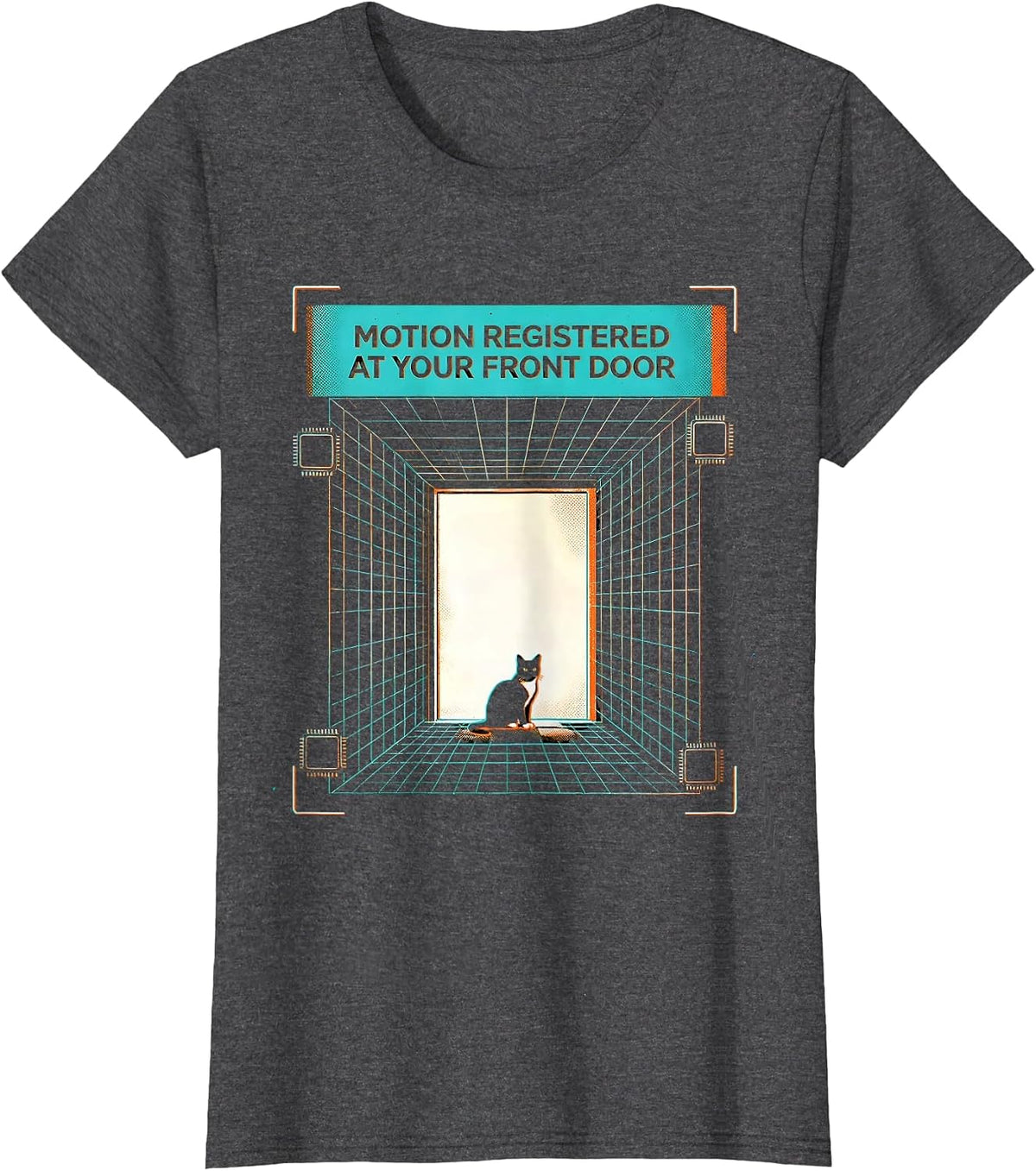 Women's Motion registered at your front door Funny Cat Motion Meme T-Shirt - Dark Heather Grey