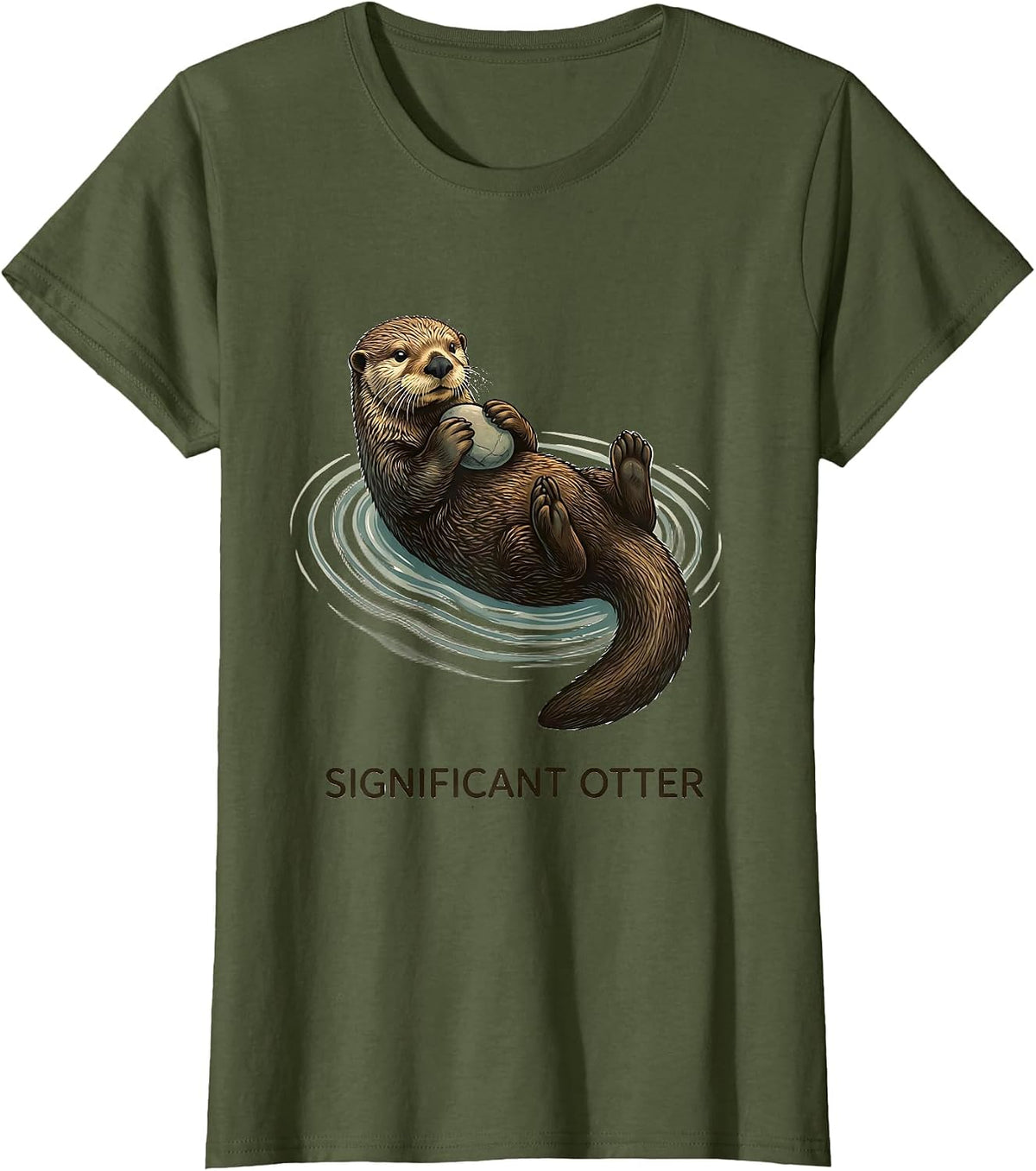 Women's Sea Otter Floating Calm Nature Art T-Shirt - Olive Green