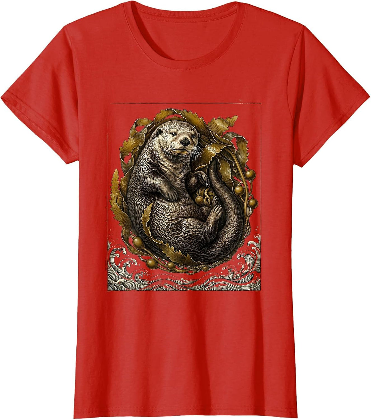 Sea Otter Wrapped in Kelp Ocean Waves Illustration T-Shirt - Red