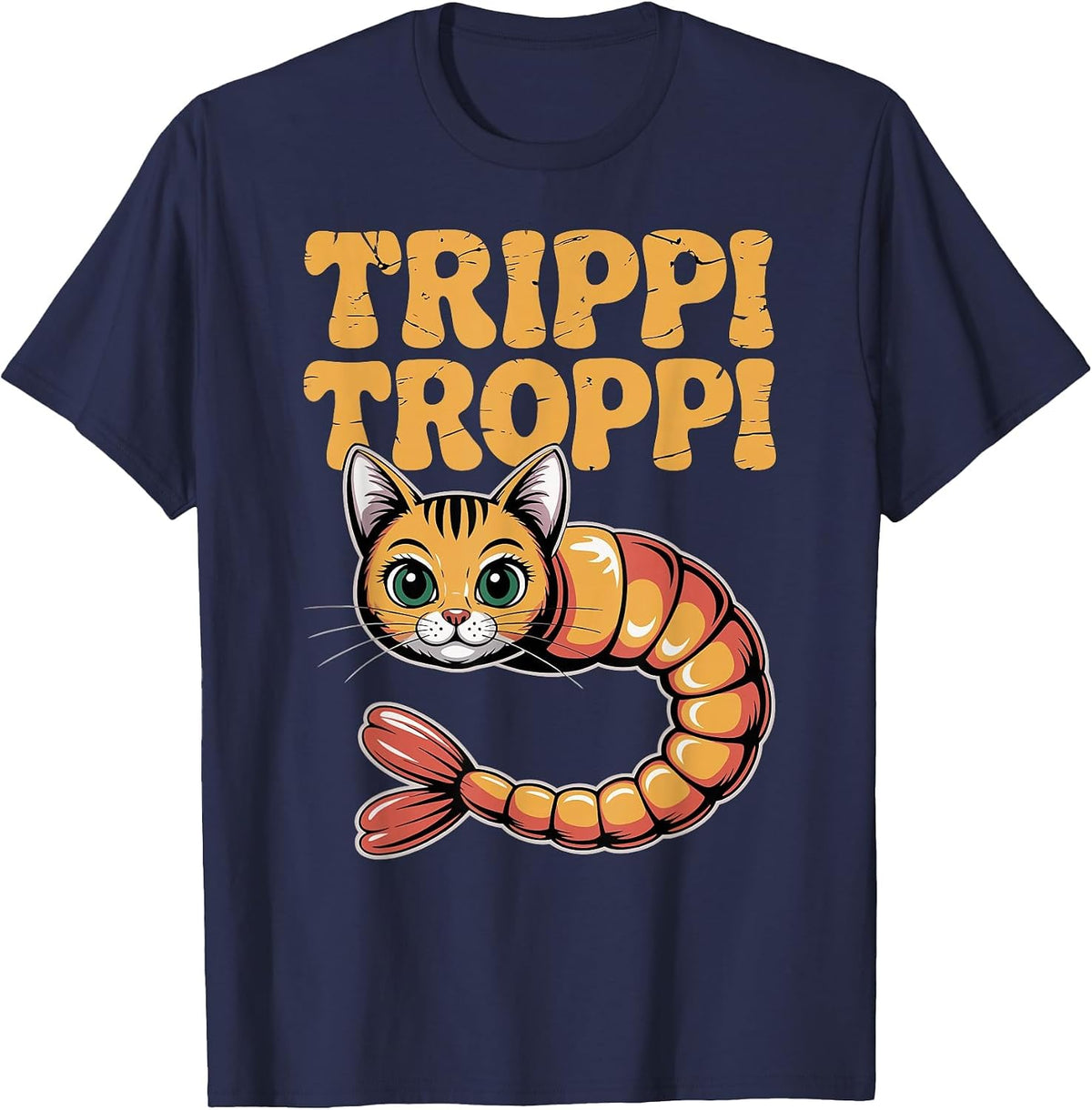 Trippi Troppi Shrimp Cat Italian Brainrot Retro 70s Meme T-Shirt - Navy Blue