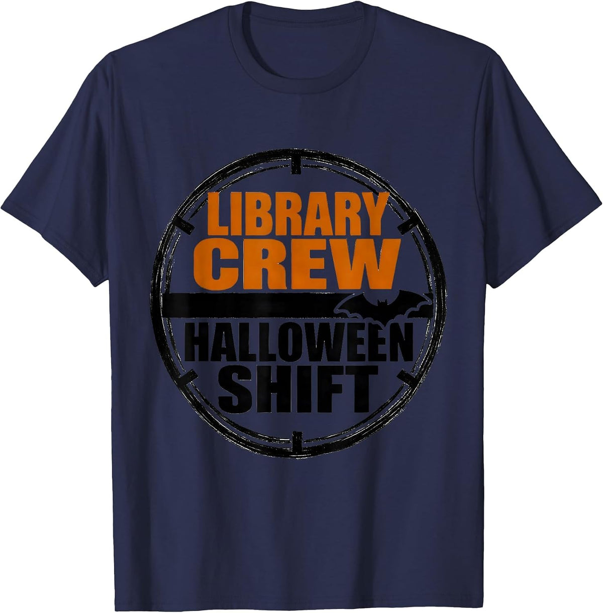Library Crew Halloween Shift Brutalist Graphic Teacher Humor T-Shirt - Navy Blue