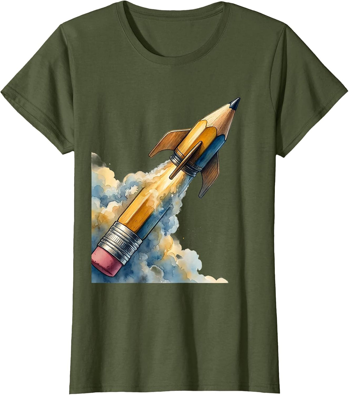 Women's Special Education Teacher Pencil Rocket Launch T-Shirt - Olive Green