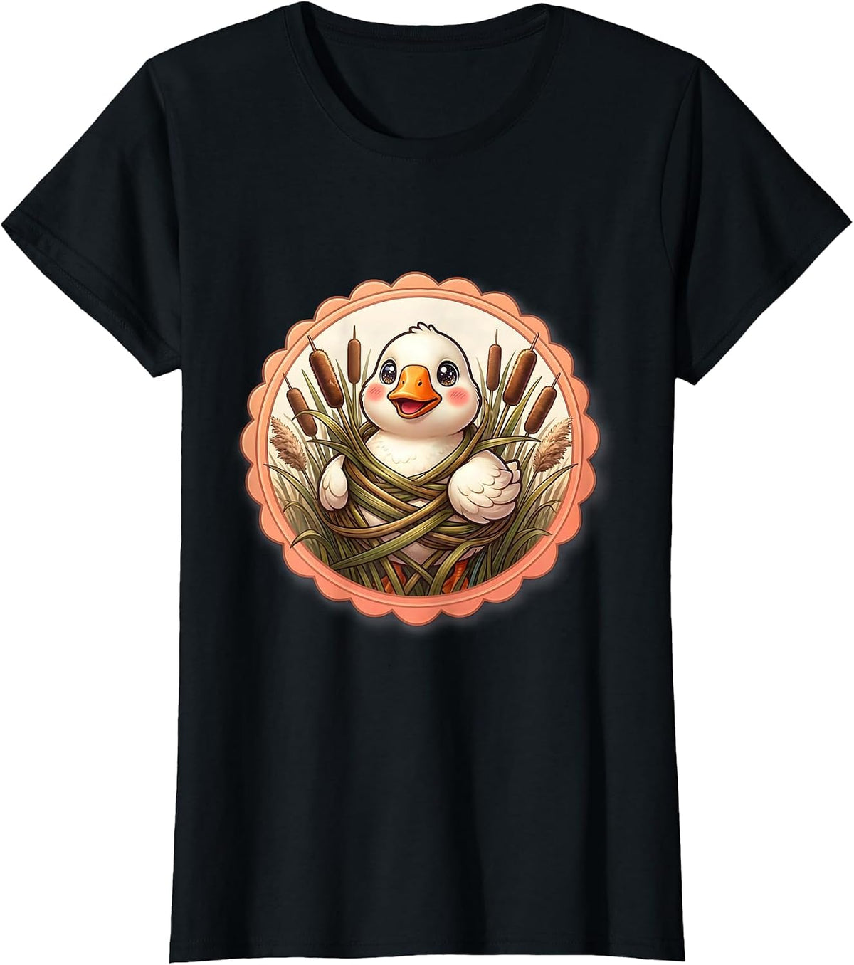 Goose Tangled in Cattails Sunset Nature Art T-Shirt - Black