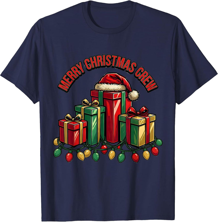 Merry Christmas Crew Bold Arched Gift Boxes Santa Hat Family T-Shirt - Navy Blue