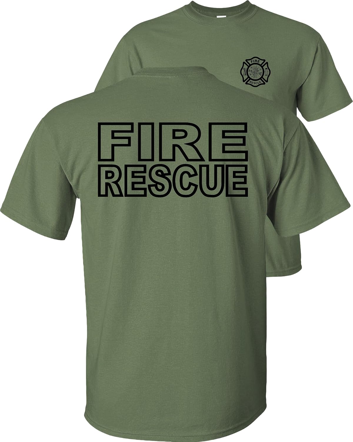 Fire Rescue T-Shirt-Black Design-Military Green-L - As Pictured