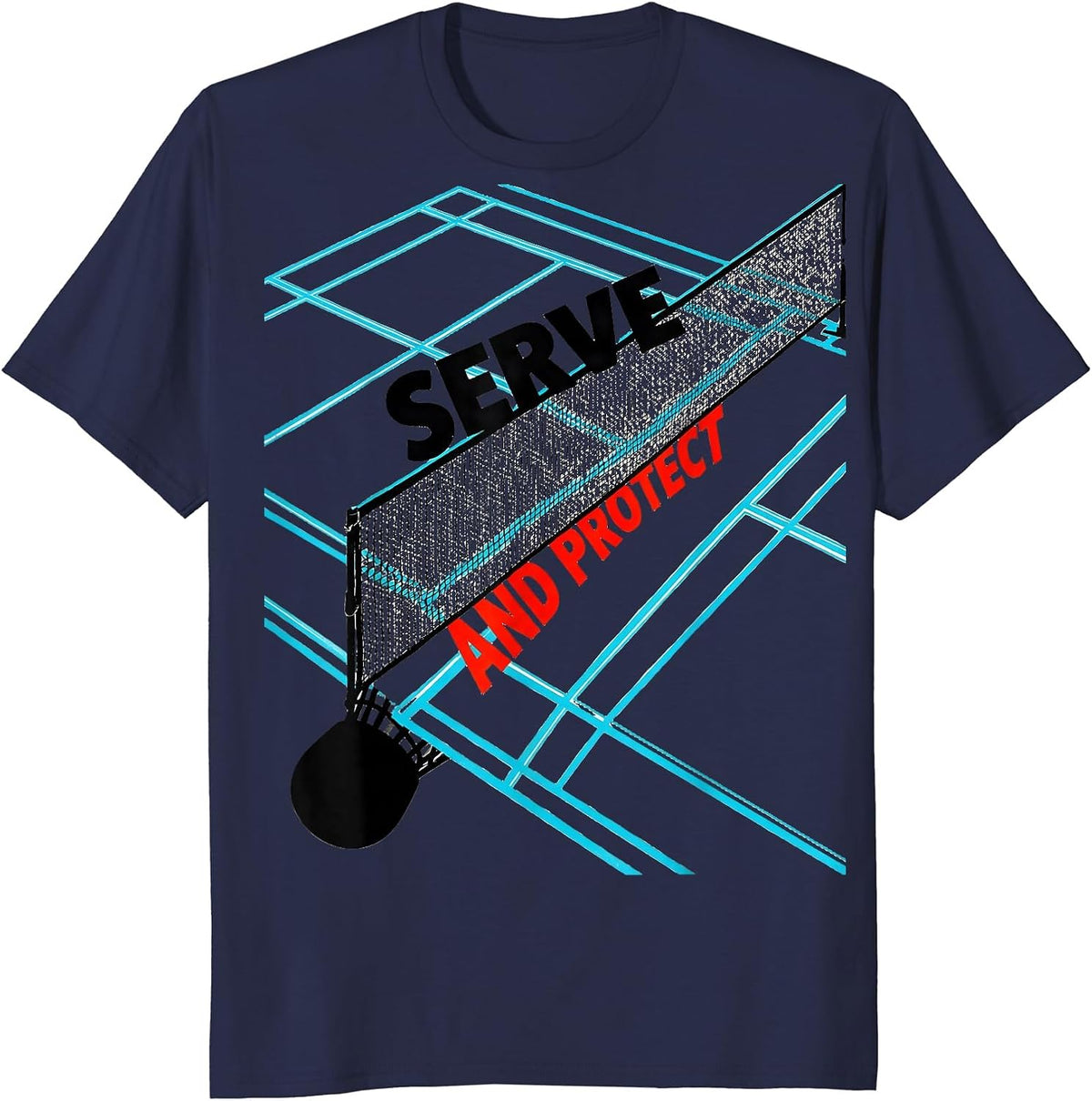 Men's Serve And Protect New Wave Typography Racket Sport Player T-Shirt - Navy Blue