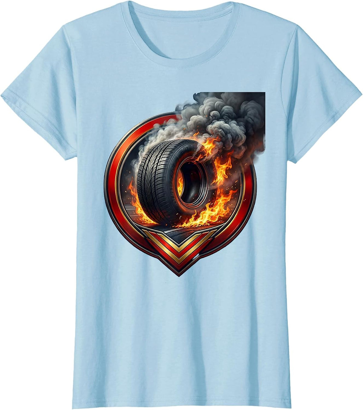 Women's Race Tire Burning Rubber Fire Trail Graphic T-Shirt - Baby Blue