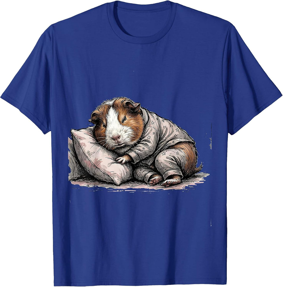 Sleepy Guinea Pig Hand-Sketched Pet Lover Pajama Portrait T-Shirt - Royal Blue