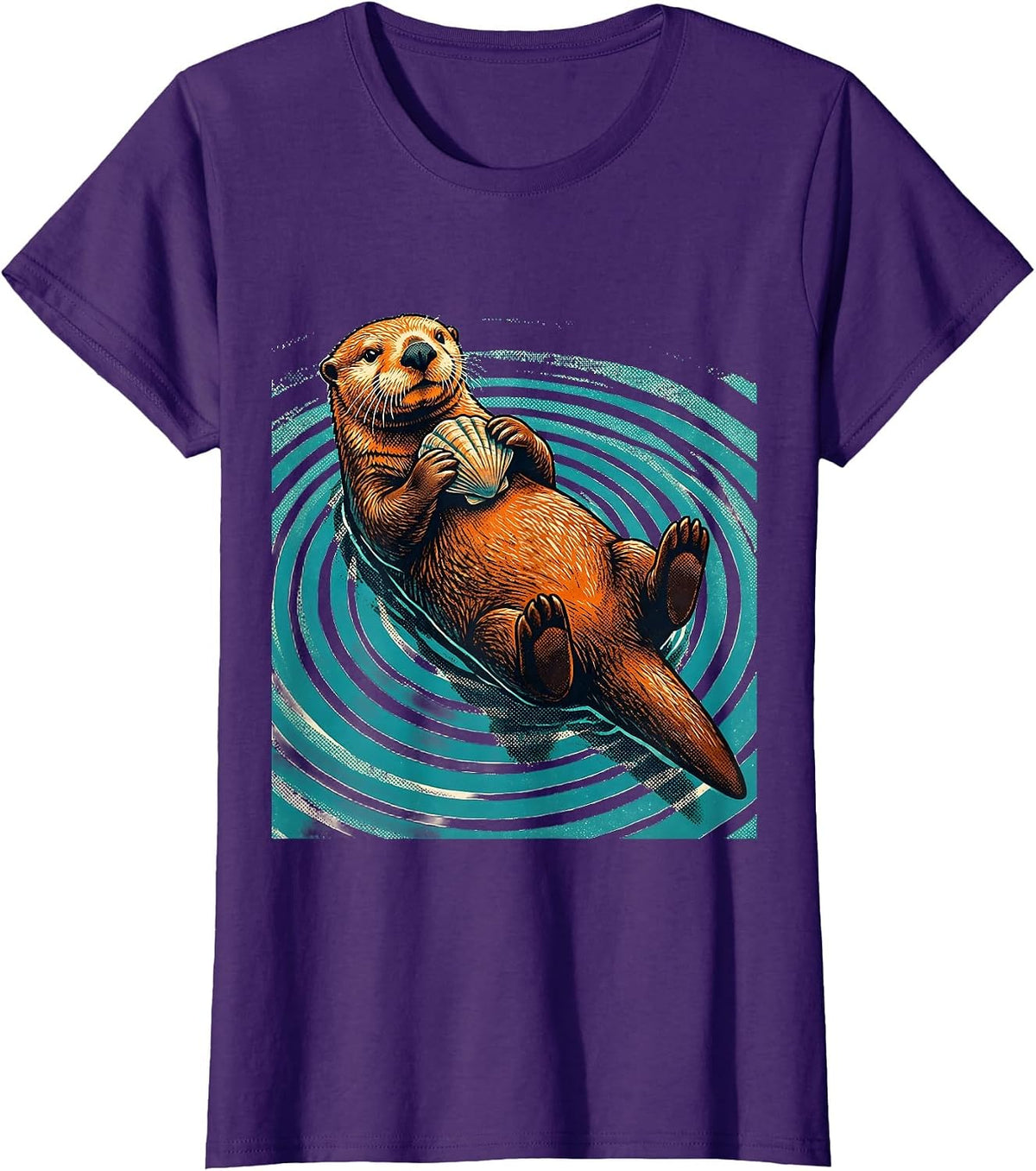 Women's Sea Otter Cracking Clam Graphic Design T-Shirt - Purple