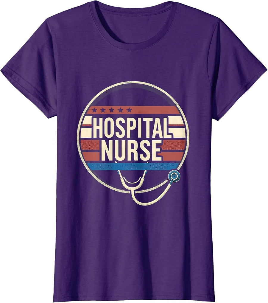 Women's Hospital Nurse Vintage American Flag Occupational Pride T-Shirt - Purple