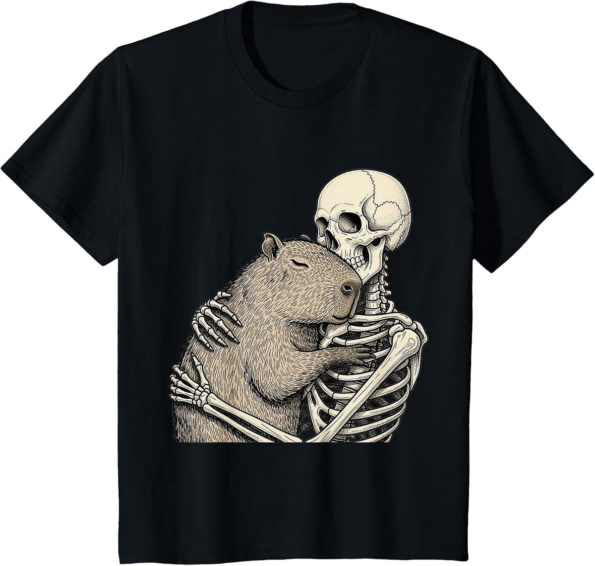 Skeleton Hugging Capybara Halloween Capy Lover Spooky Season T-Shirt - Black