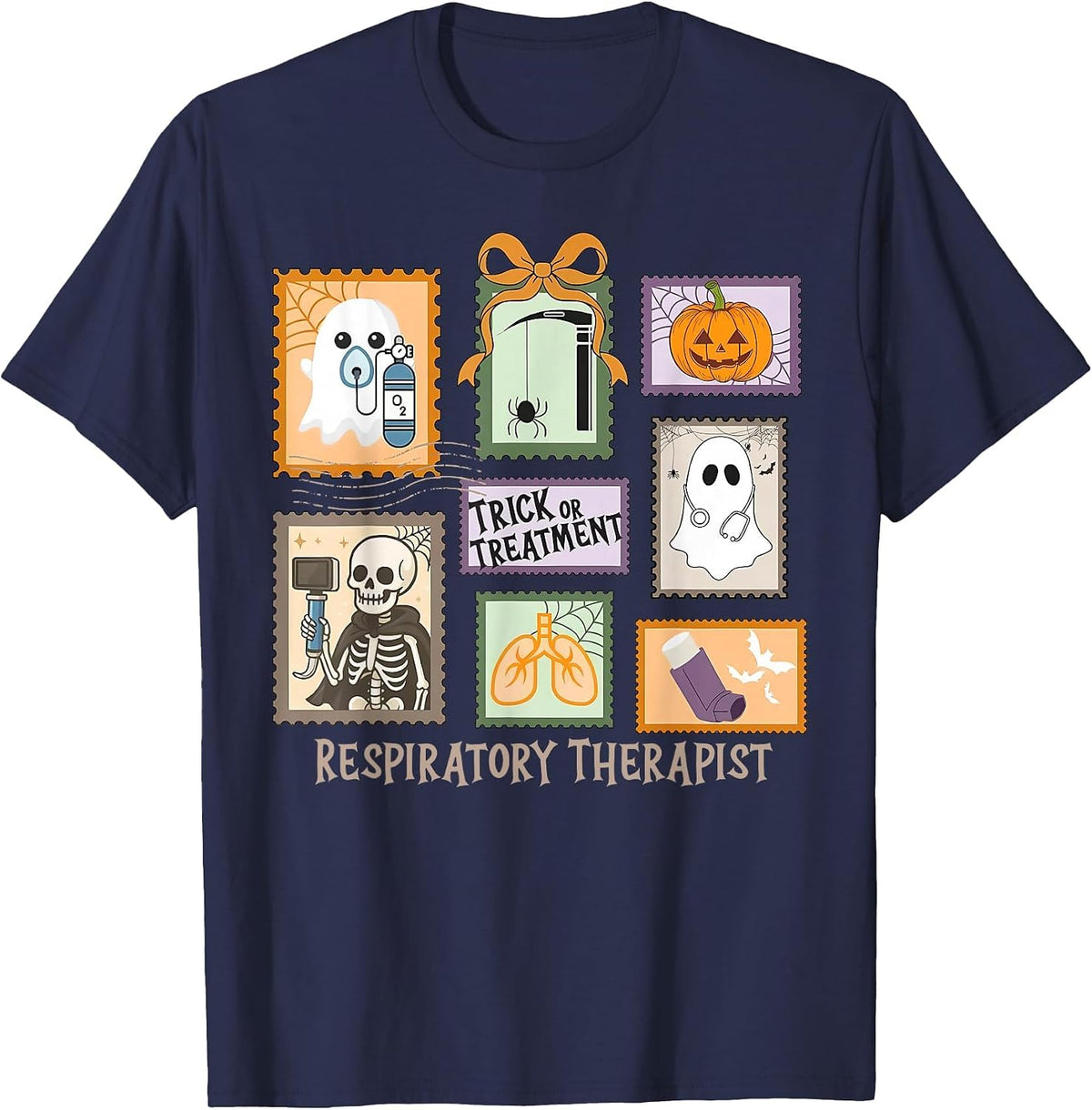 Trick Or Treat Respiratory Therapy Stamp Ghost RT Halloween T-Shirt - Navy Blue