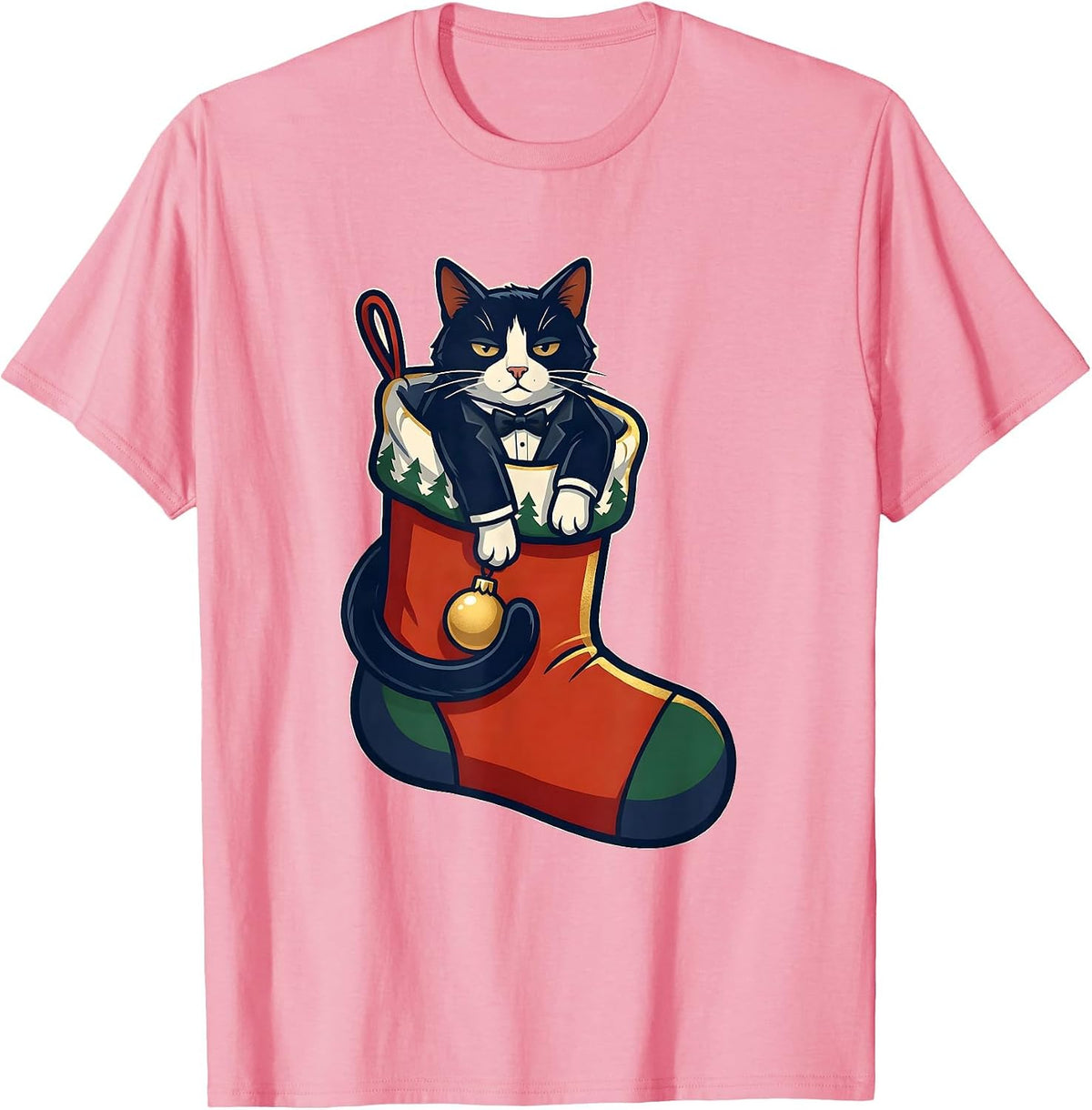 Men's Deadpan Tuxedo Cat Oversized Christmas Stocking Holiday T-Shirt - Pink