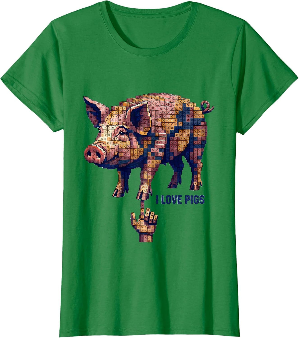 Women's I Love Pigs Funny Farm Animal Lover Cross Stitch Sampler T-Shirt - Kelly Green