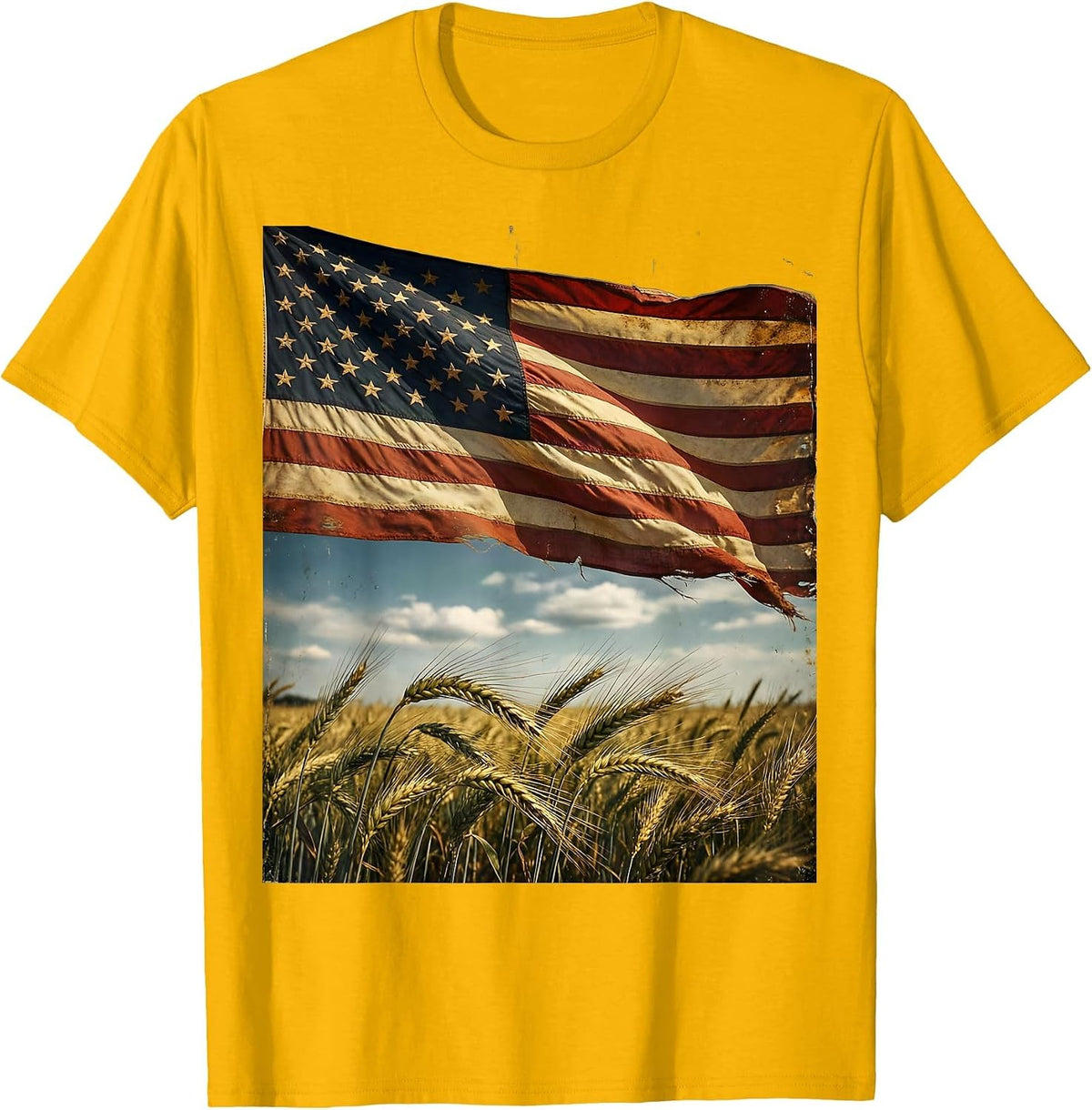 American Flag Waving Over Golden Wheat Field T-Shirt - Golden Yellow
