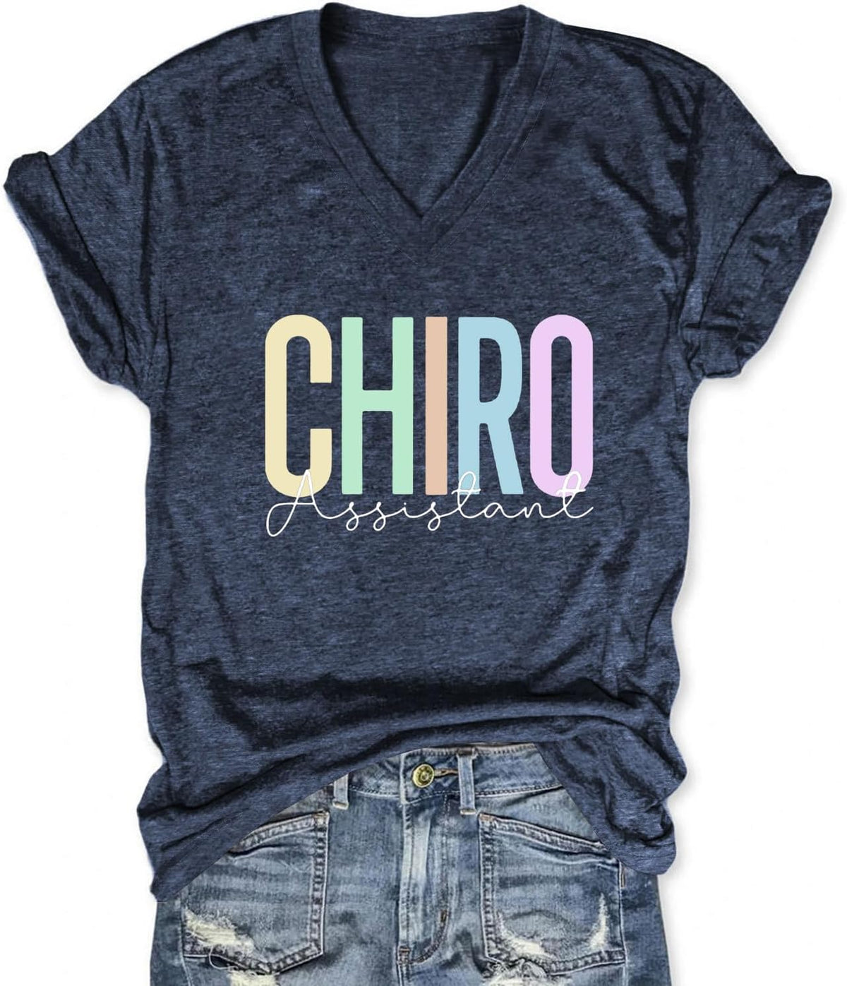 Womens Chiropractic Assistant Tops Short Sleeve V Neck Basic Tees Chiropractor T Shirts Physical Therapy Clothes - Navy Blue