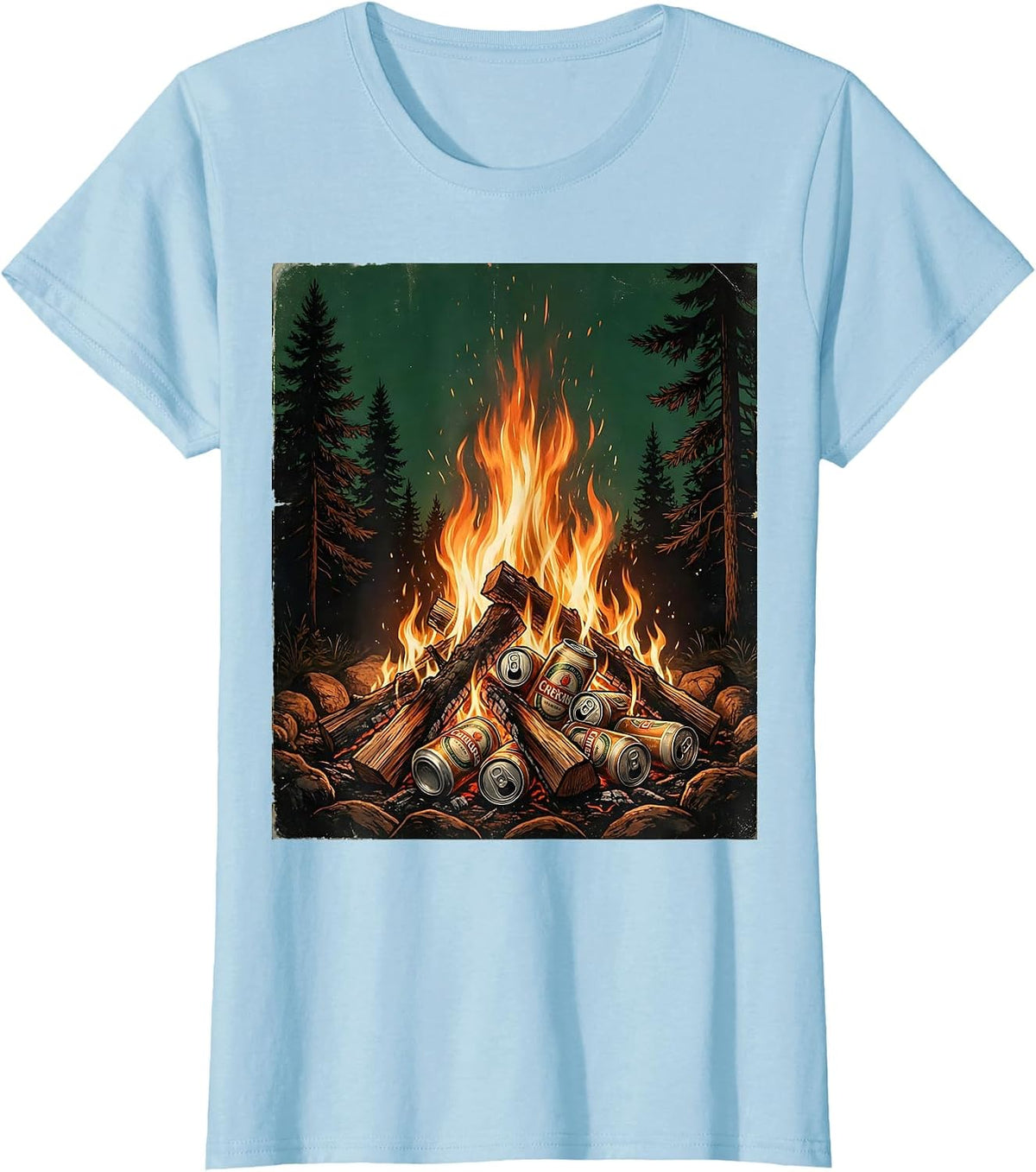 Campfire Beer Cans Pine Trees Outdoor Nature Art T-Shirt - Baby Blue