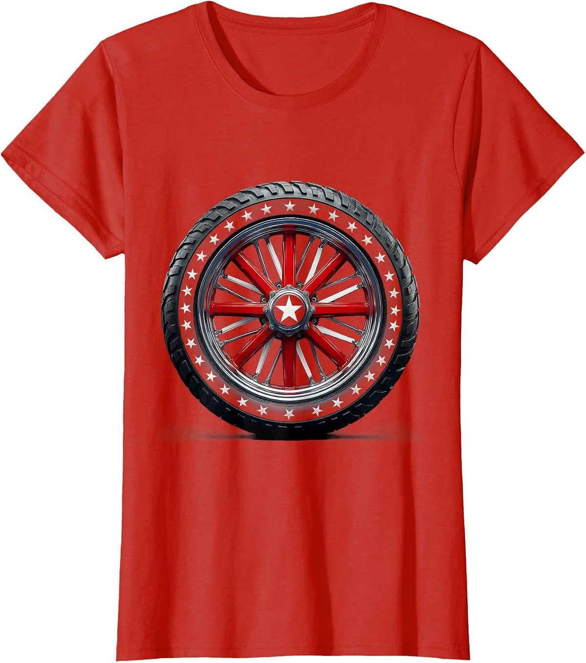 Women's American Flag Motorcycle Wheel Patriotic Design T-Shirt - Red