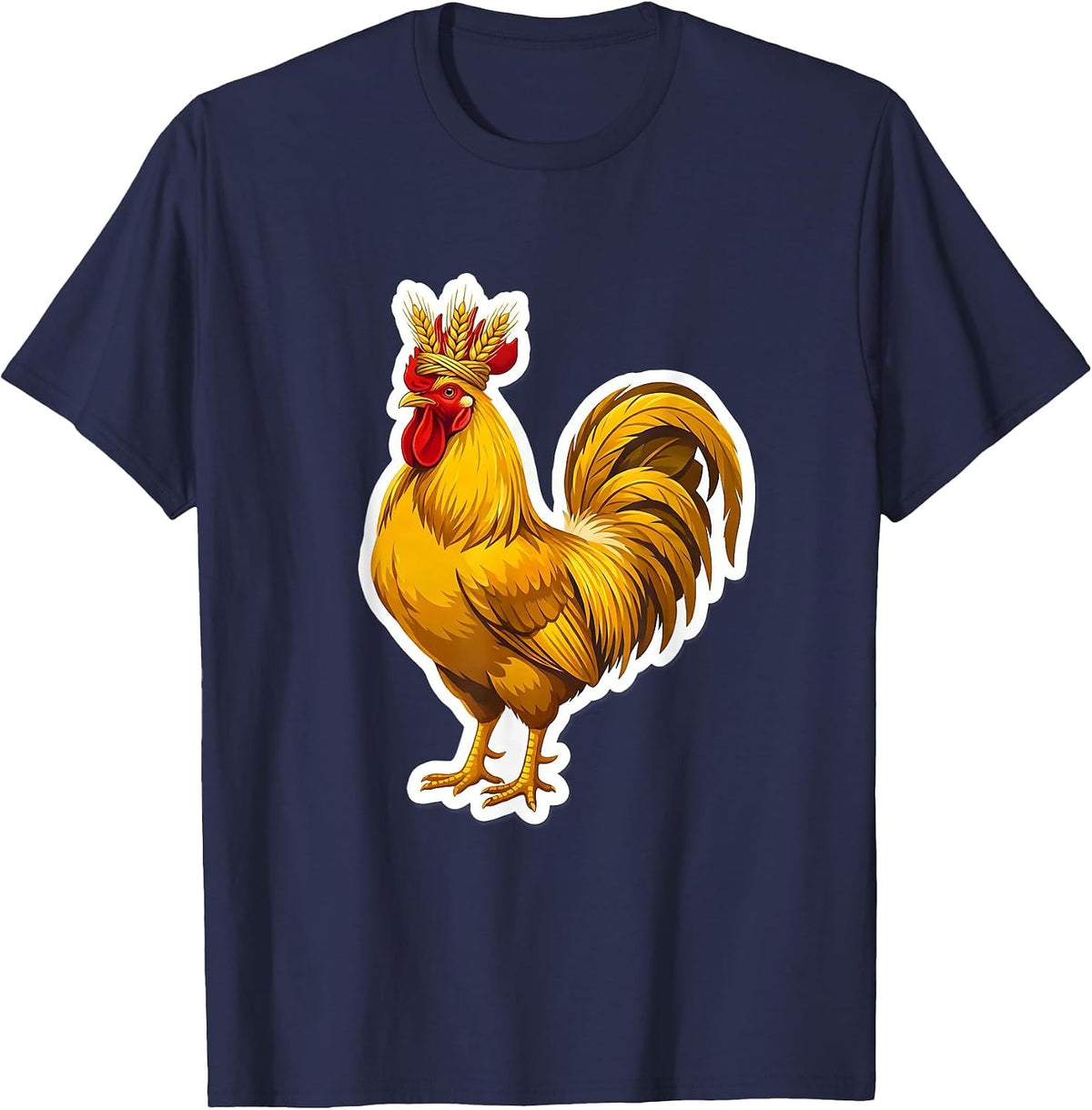 Regal Rooster Wheat Crown Illustration T-Shirt - Navy Blue