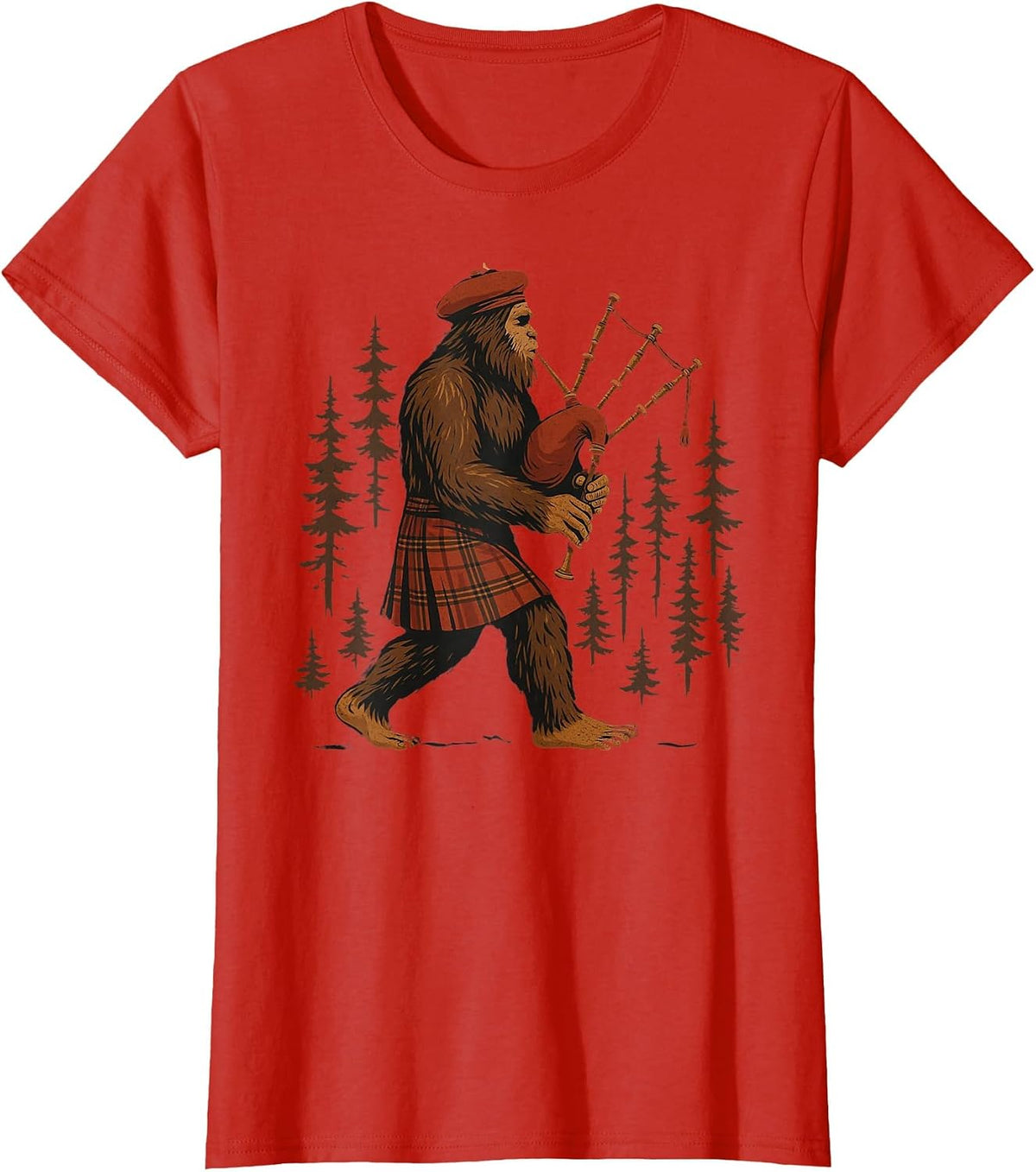 Legendary Sasquatch Bagpipes in Kilts Through Forests T-Shirt - Red