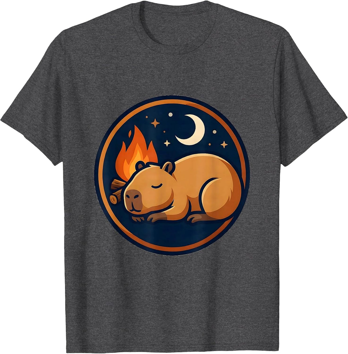 Men's Capybara Sleeping by Campfire Night Scene T-Shirt - Dark Heather Grey